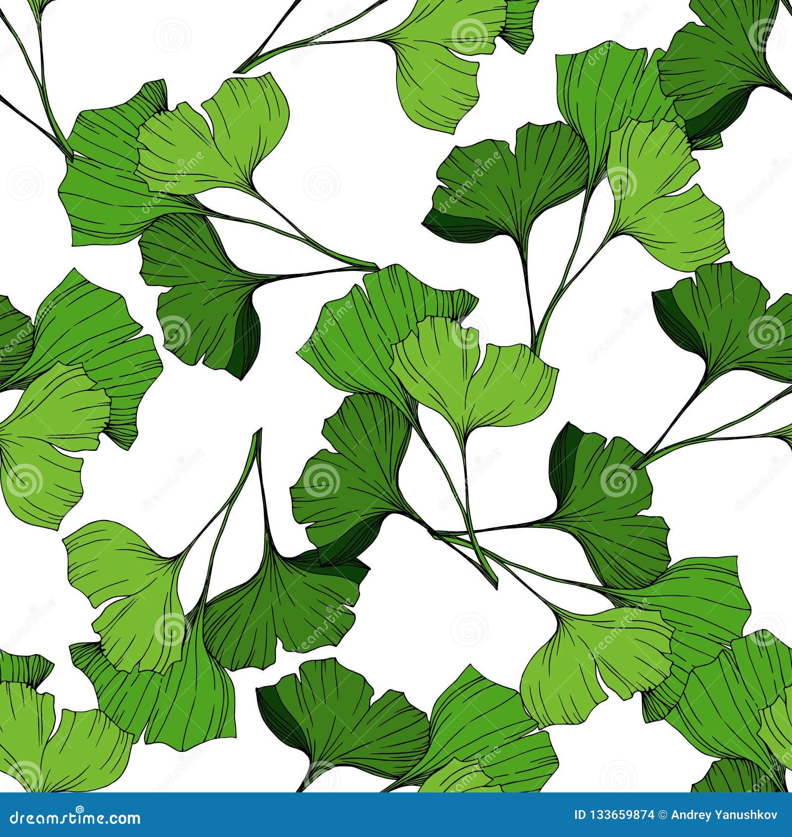 Vector Green Ginkgo Leaf. Engraved Ink Art. Seamless Background Pattern