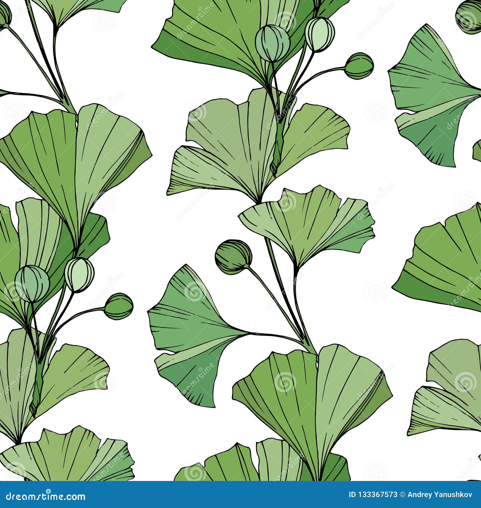 Vector. Green Ginkgo Leaf. Seamless Background Pattern. Fabric