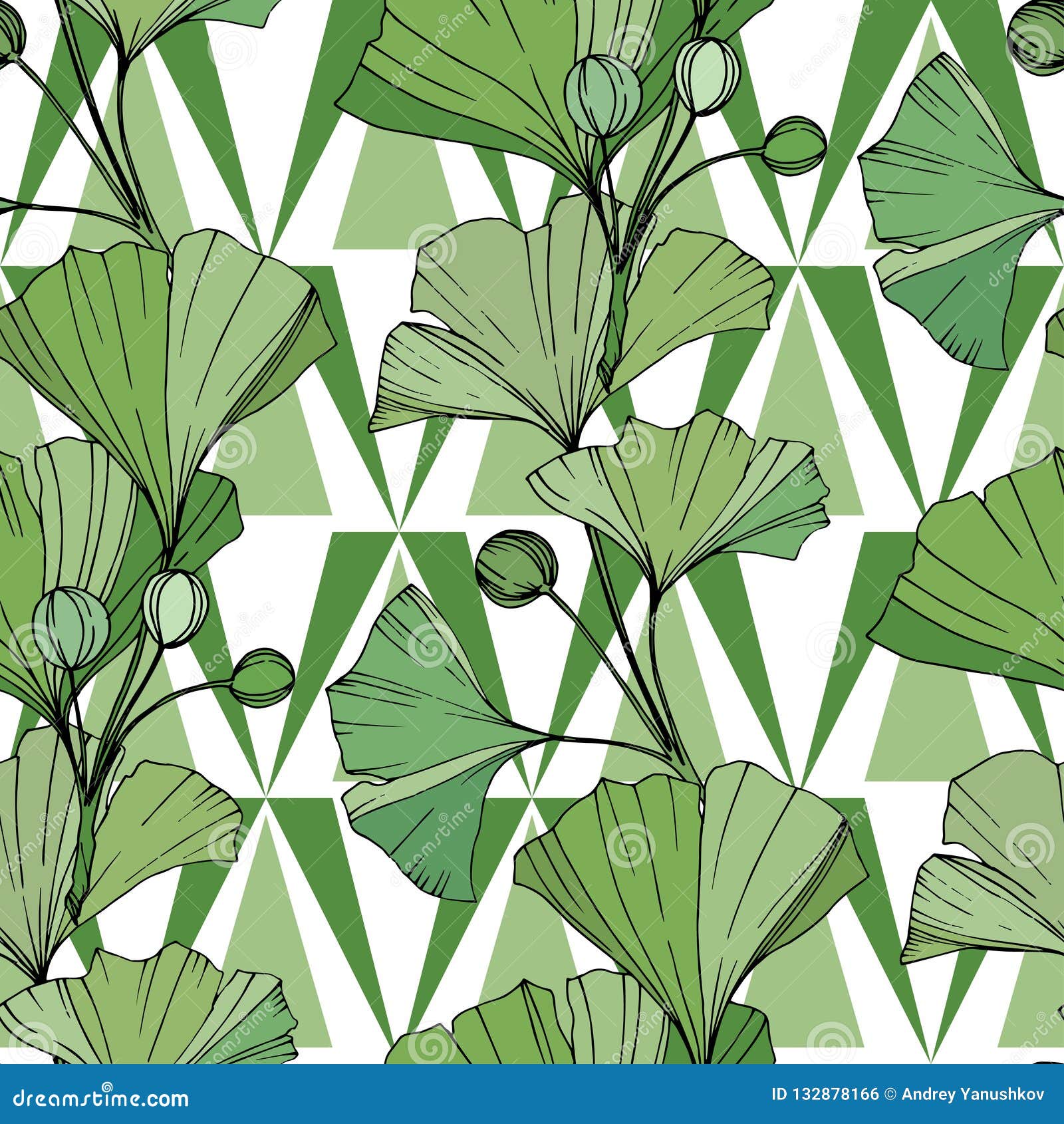 Vector. Green Ginkgo Leaf. Seamless Background Pattern. Fabric