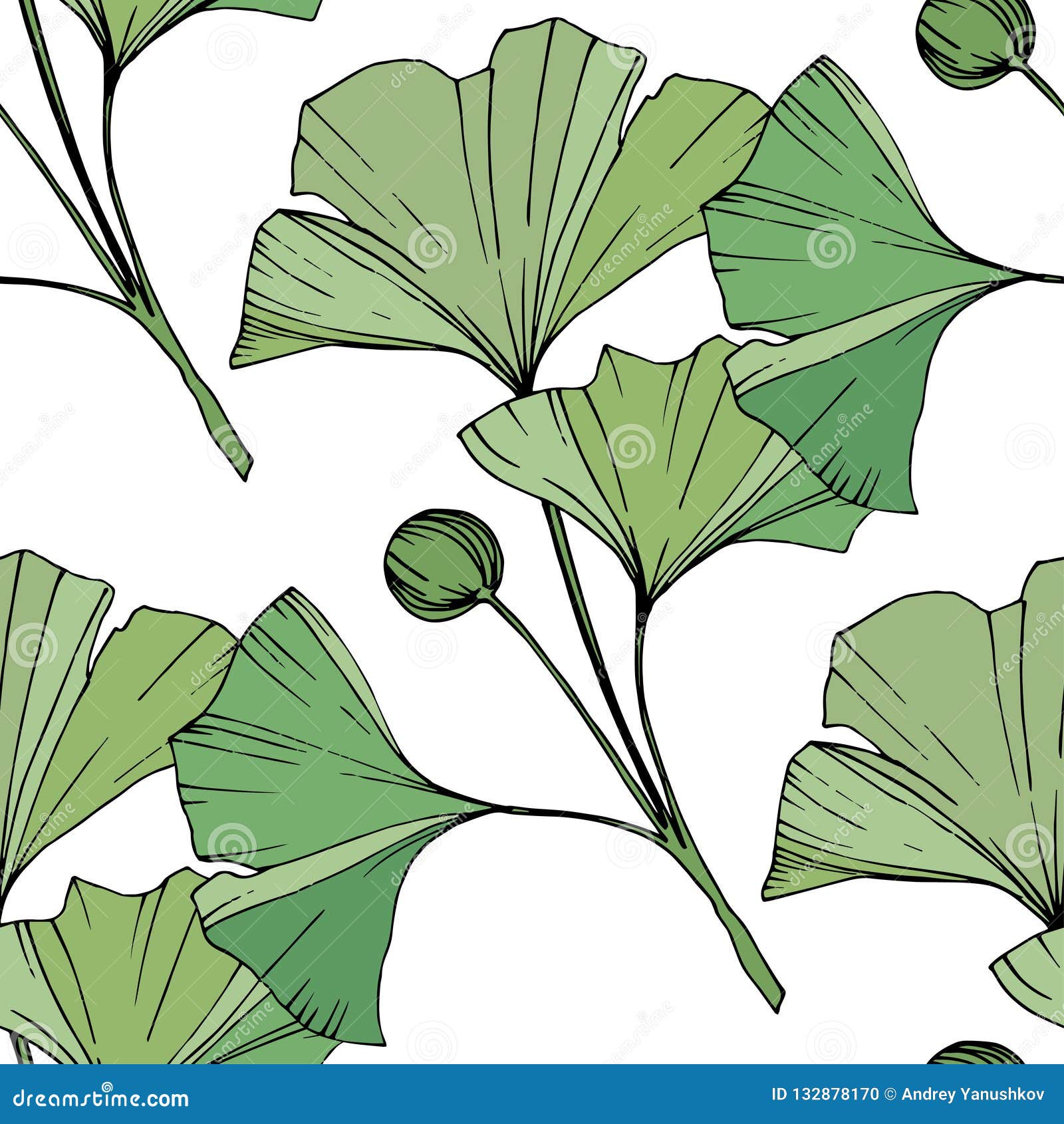 Vector. Green Ginkgo Leaf. Seamless Background Pattern. Fabric