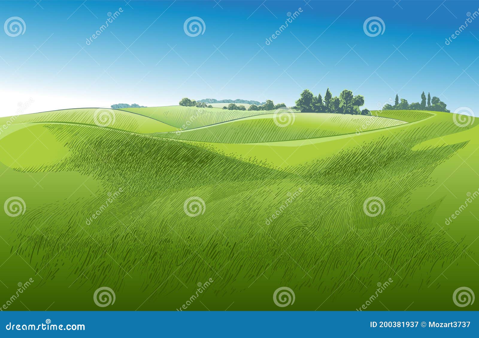  green grass field on small hills. meadow, alkali, lye, grassland, pommel, lea, pasturage, farm. rural scenery