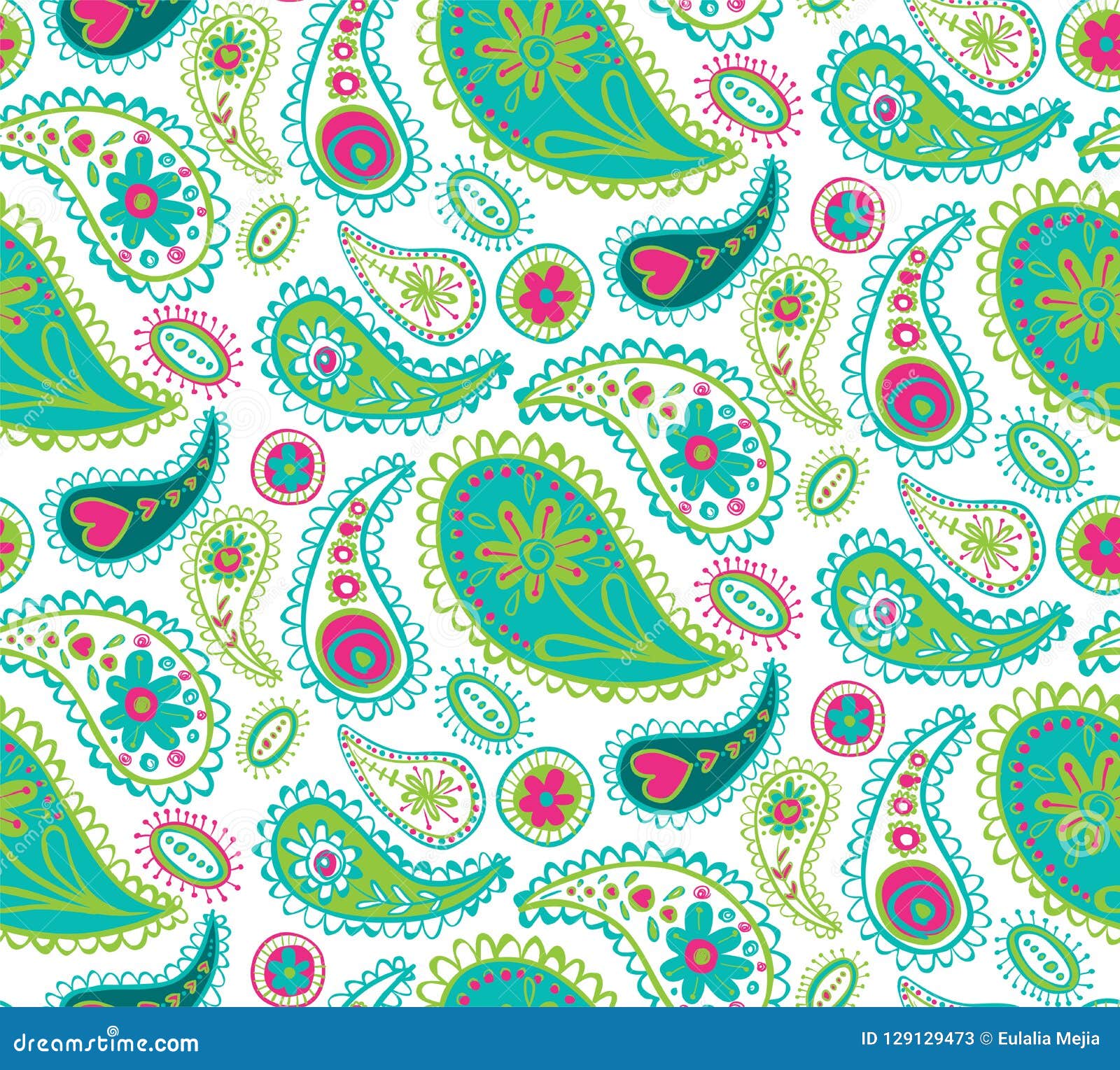 Vector Green and Pink Paisley Seamless Pattern on White Background ...