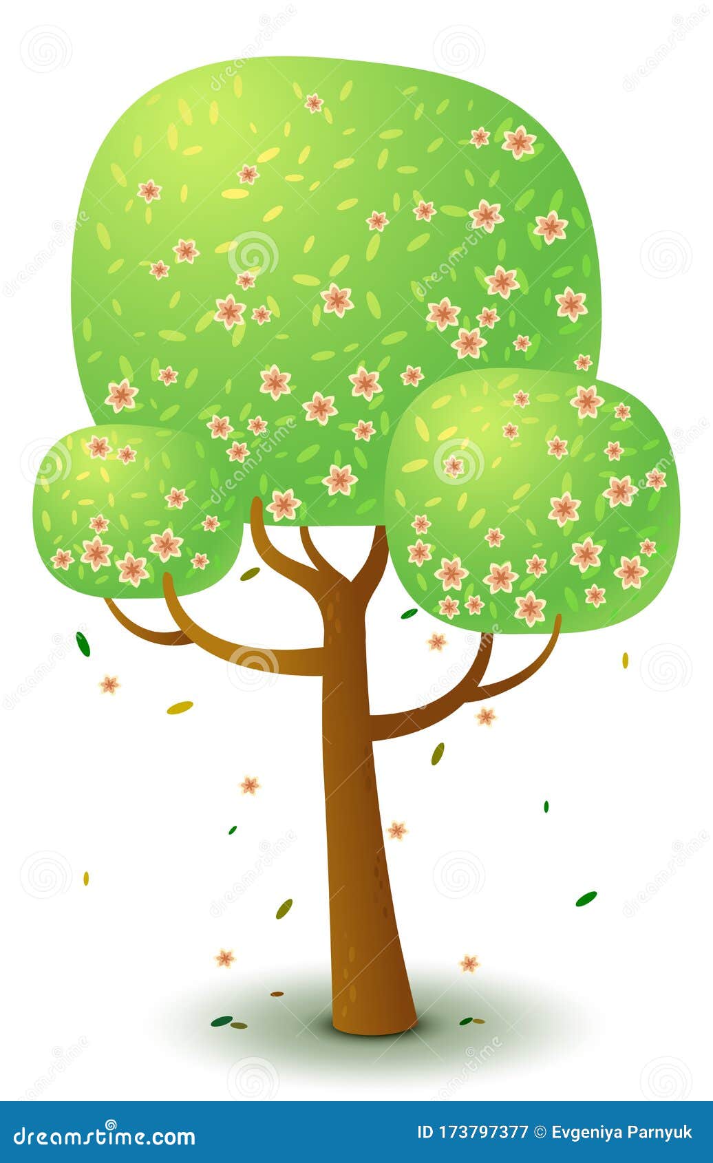  green tree with pink flowers in spring and summer. stylized drawing for logo , build 2d games or postcards