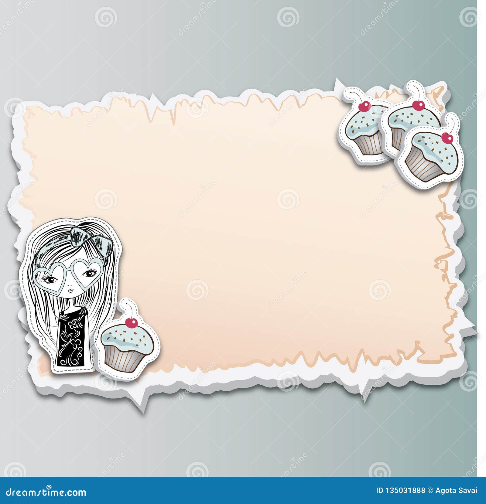 Cake Card Templates in Frame. Cupcake and Girly Girl Hand Drawn For Headband Card Template