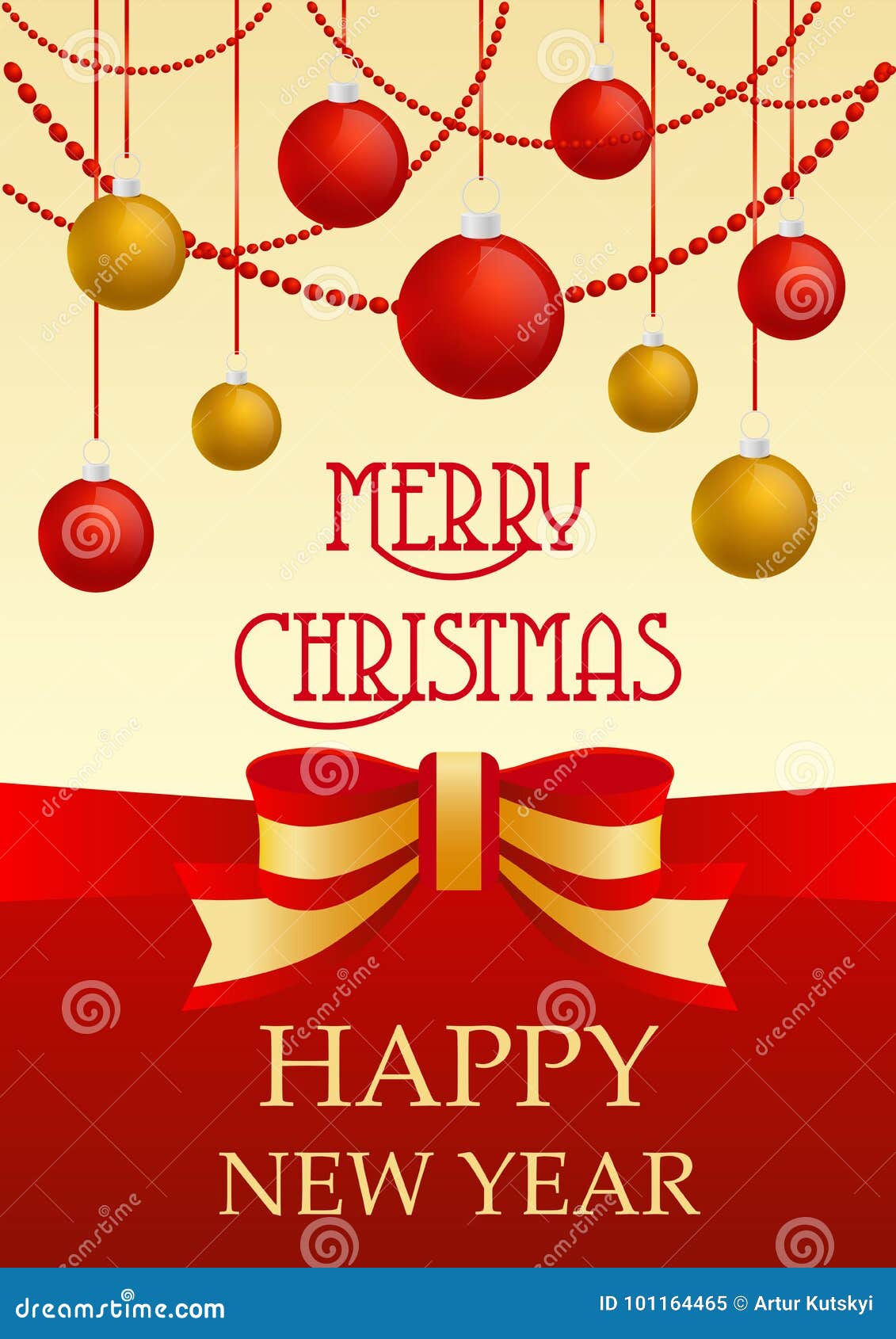 Vector Greeting card with traditional red and golden yellow decorations dedicated to Christmas and New Year