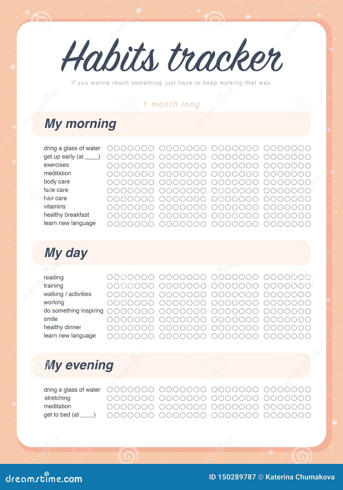 Vector Habits Tracker Page Design Template Calendar For Month. Stock