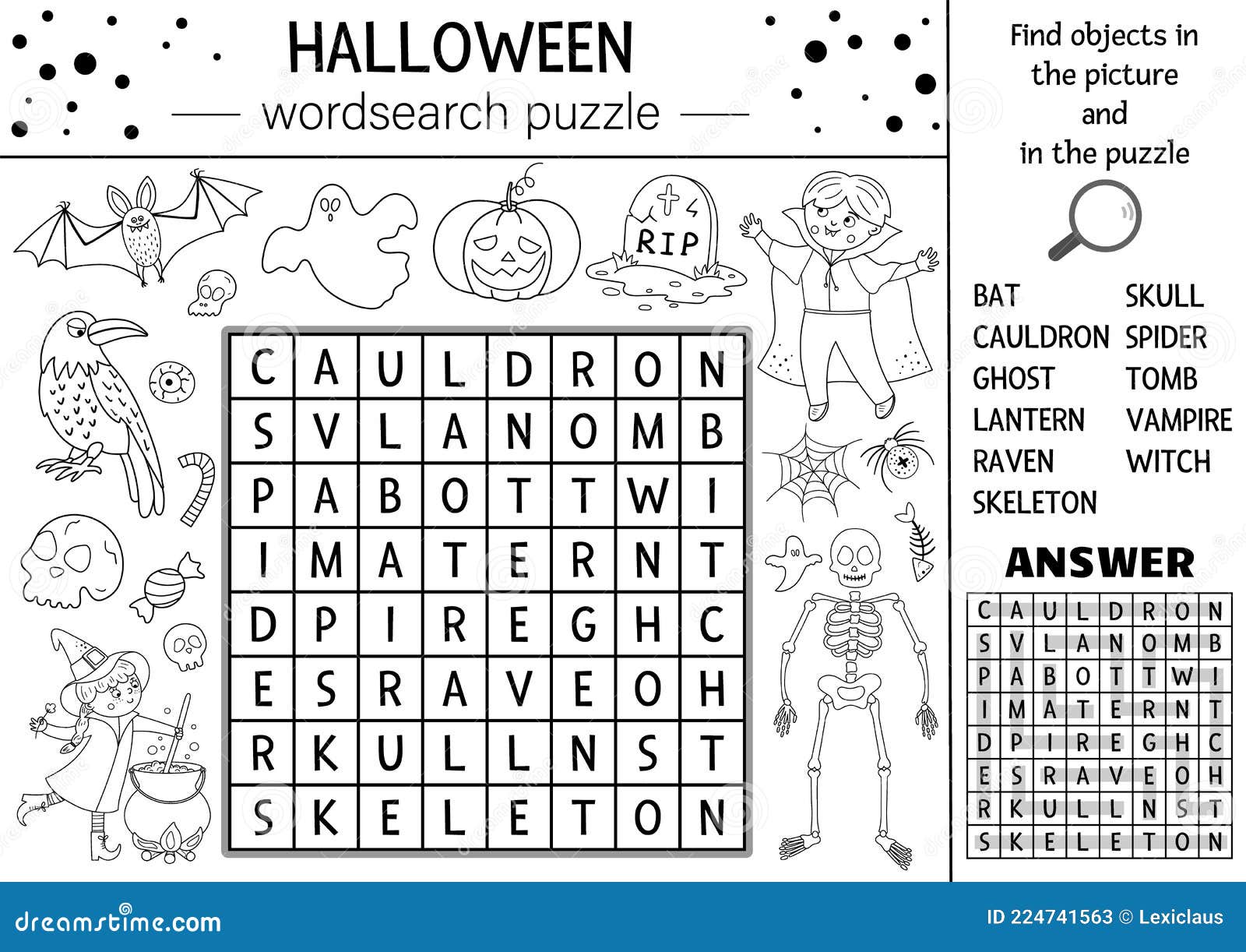 Vector Halloween Black And White Wordsearch Puzzle For Kids Simple Vector Halloween Black And White Wordsearch Puzzle For Kids Simple