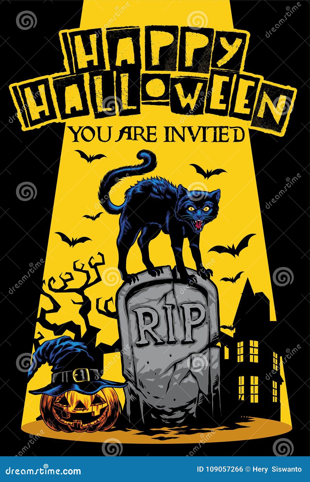 halloween invitation  with cat standing on the top of tomb