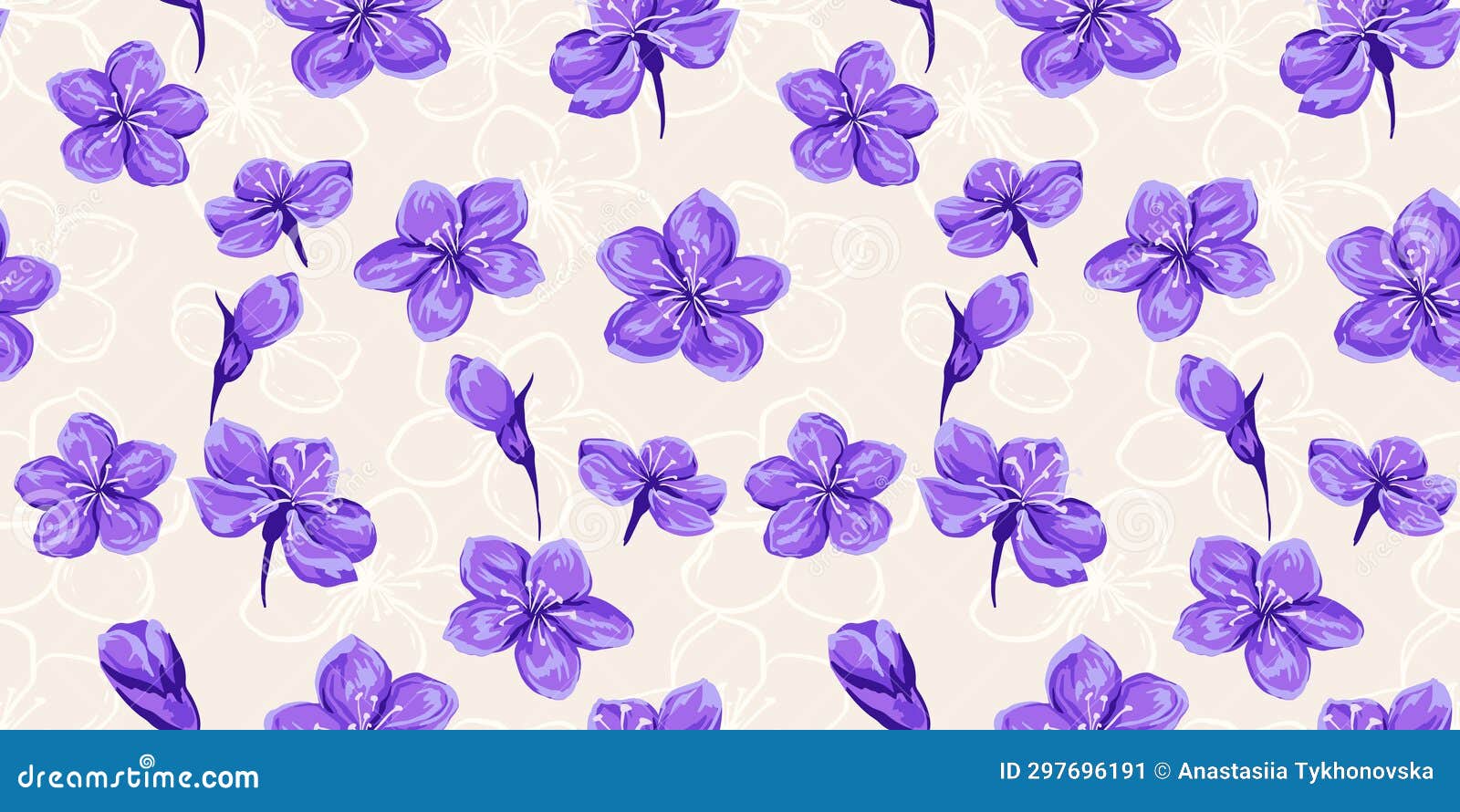abstract flowers seamless pattern. purple floral brush on a beige background.