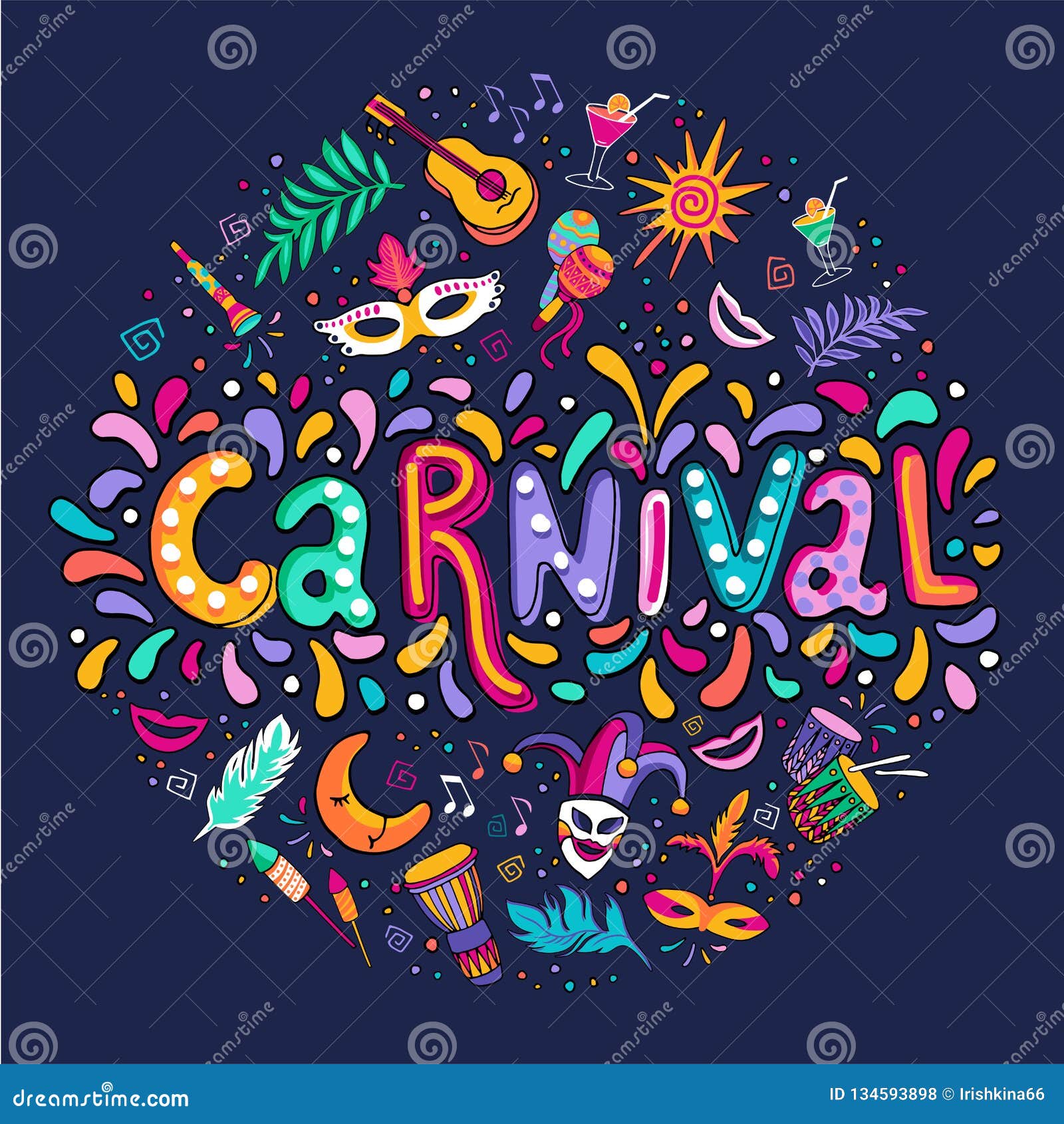 hand drawn carnaval lettering. carnival title with colorful party s, confetti and brasil samba dansing