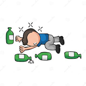 Vector Hand-drawn Cartoon of Drunk Man Lying on Floor with Empty Stock ...
