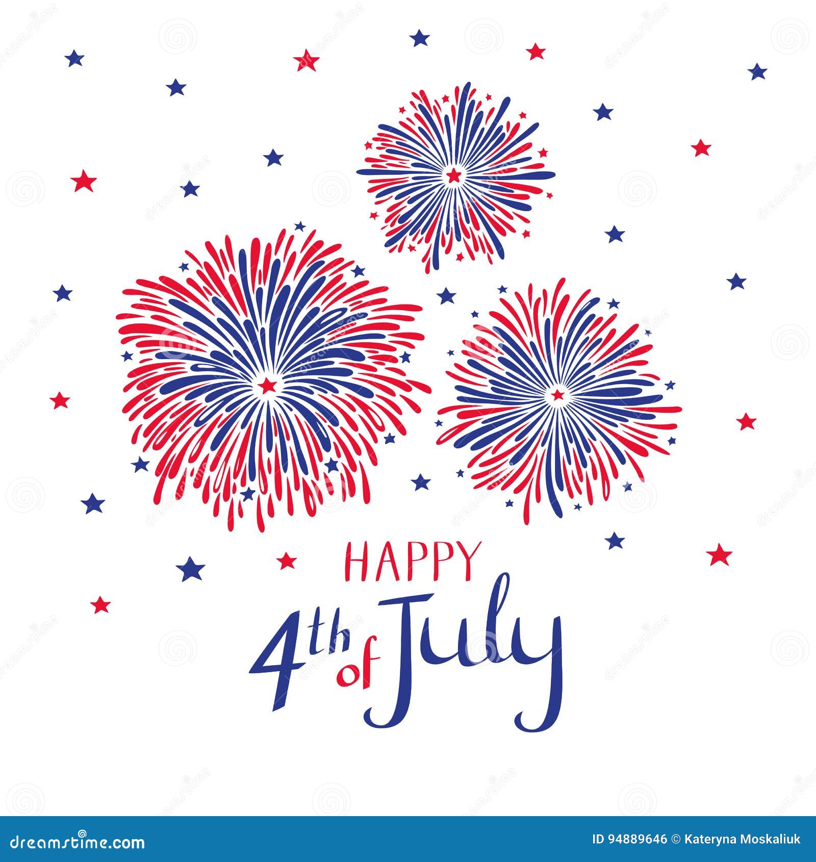 Vector Hand Drawn Fireworks for 4th of July. American Independence Day  Card. Stock Vector - Illustration of decoration, lettering: 94889646, image size:1600x1690