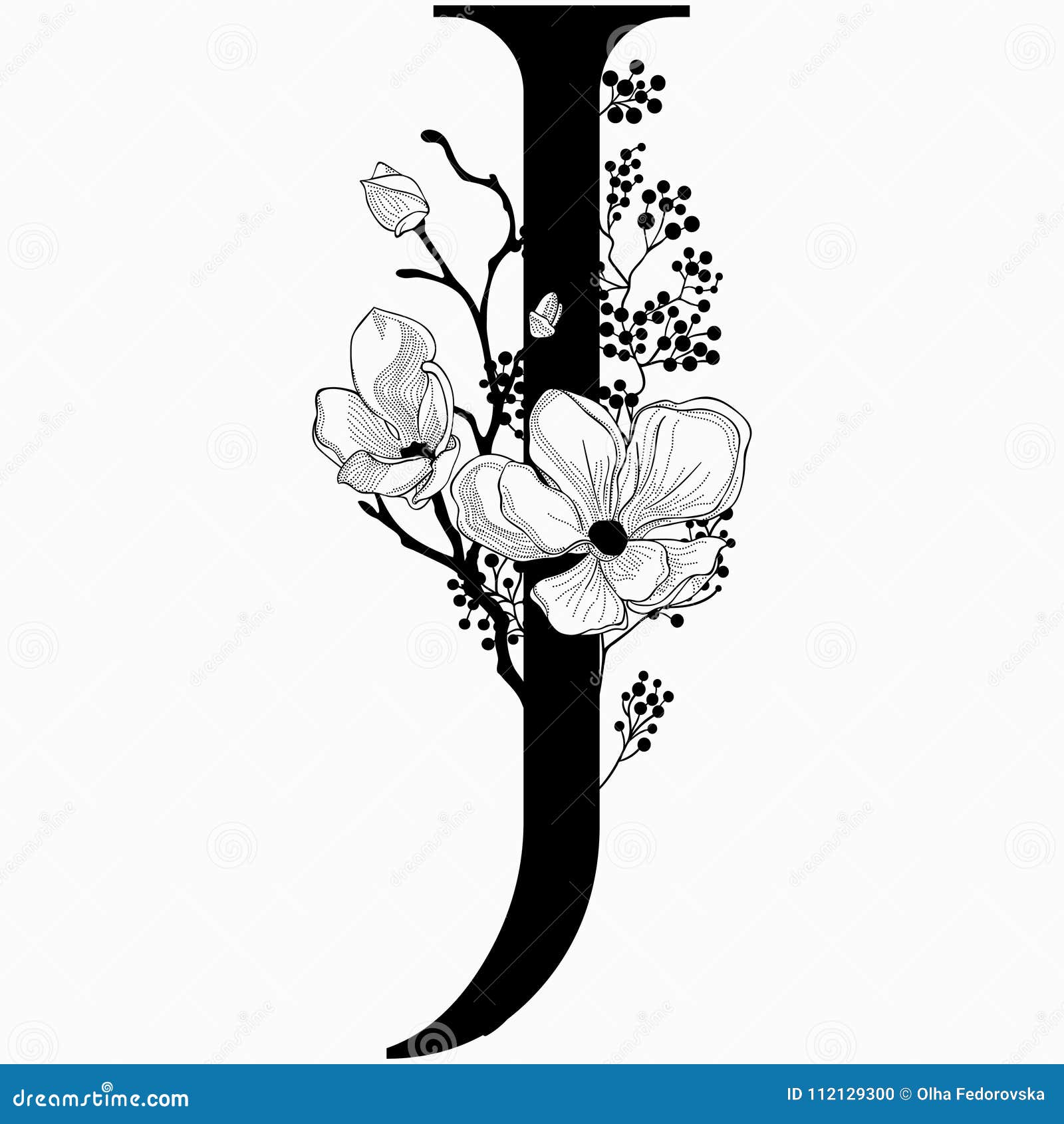 Vector Hand Drawn Floral J Monogram and Logo Stock Vector