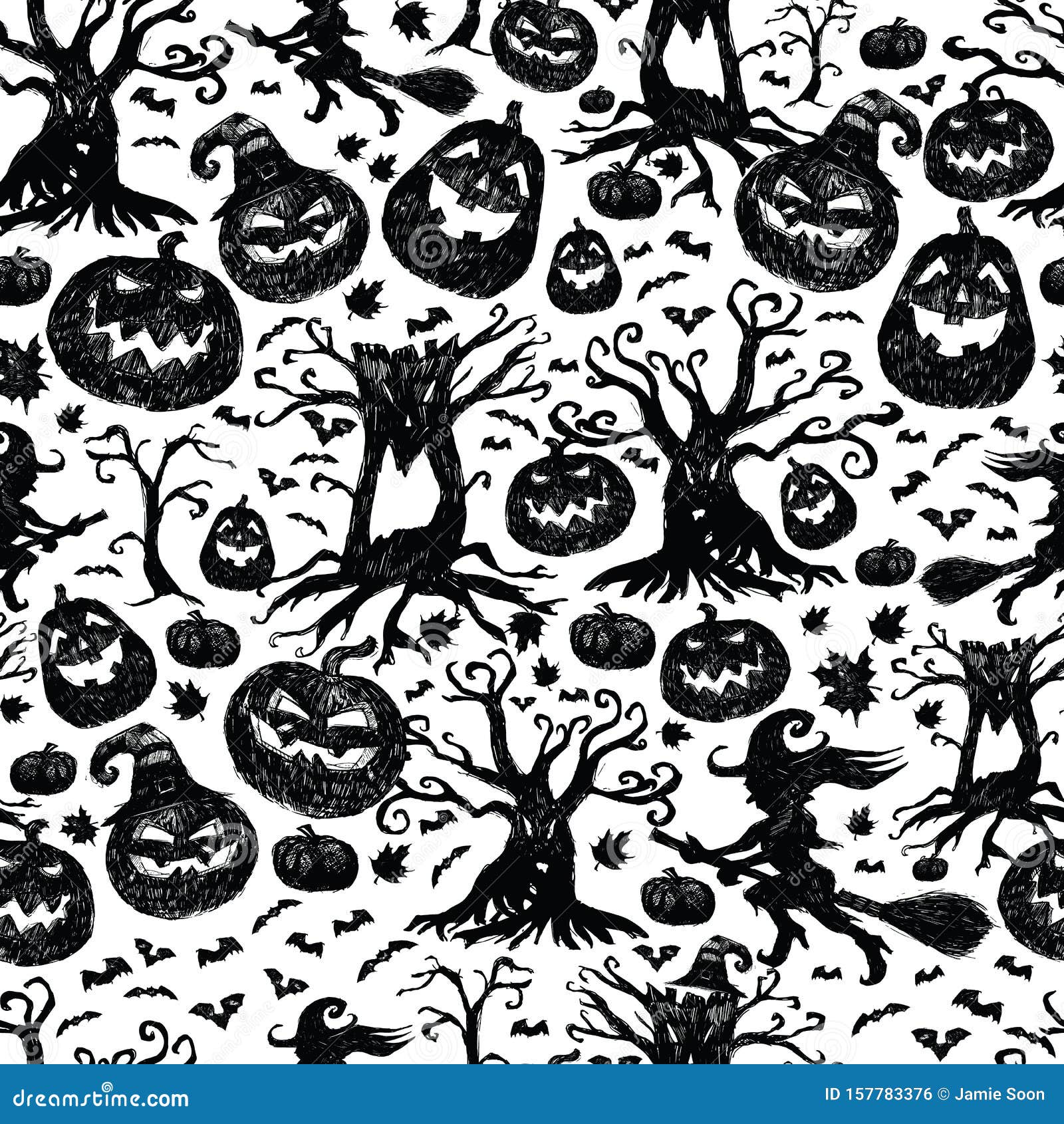 Vector Hand Drawn Halloween Spooky Black Silhouettes Repeat Pattern ...