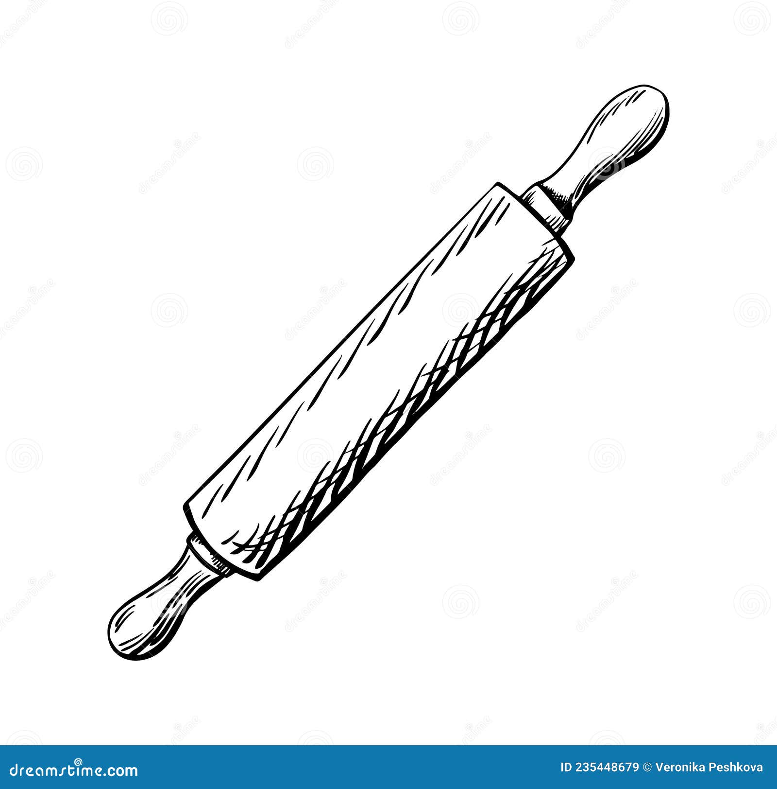 Hand Drawn Icon. Kitchen Dough Roller. Isolated on White Background