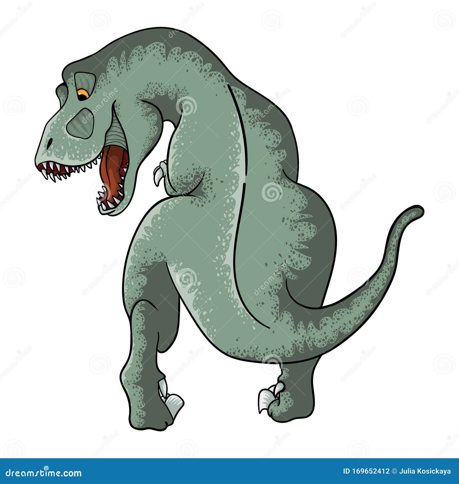  hand drawn  of cute tyrannosaurus  in cartoons style. dino tyrannosaur rex in kids comix style.  on whi