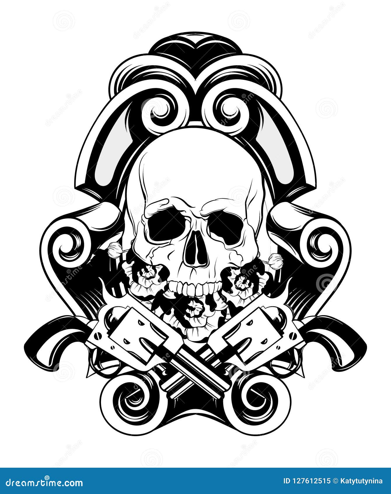 Vector Hand Drawn Illustration of Human Skull with Guns and Flowers in ...