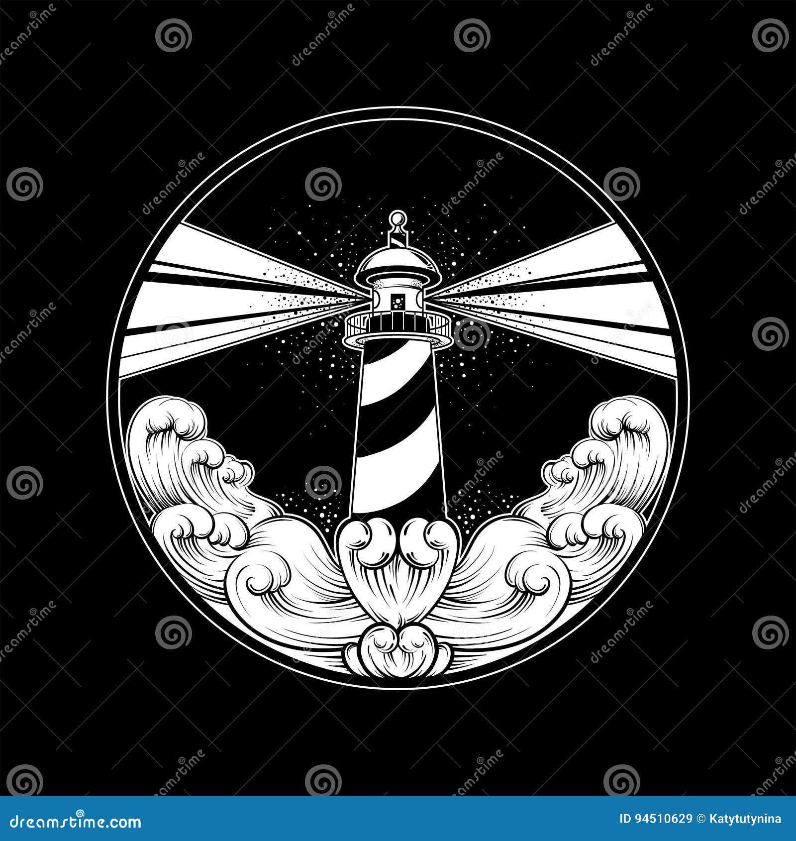 vector hand drawn illustration lighthouse rays waves tattoo artwork template card poster banner print t shirt 94510629