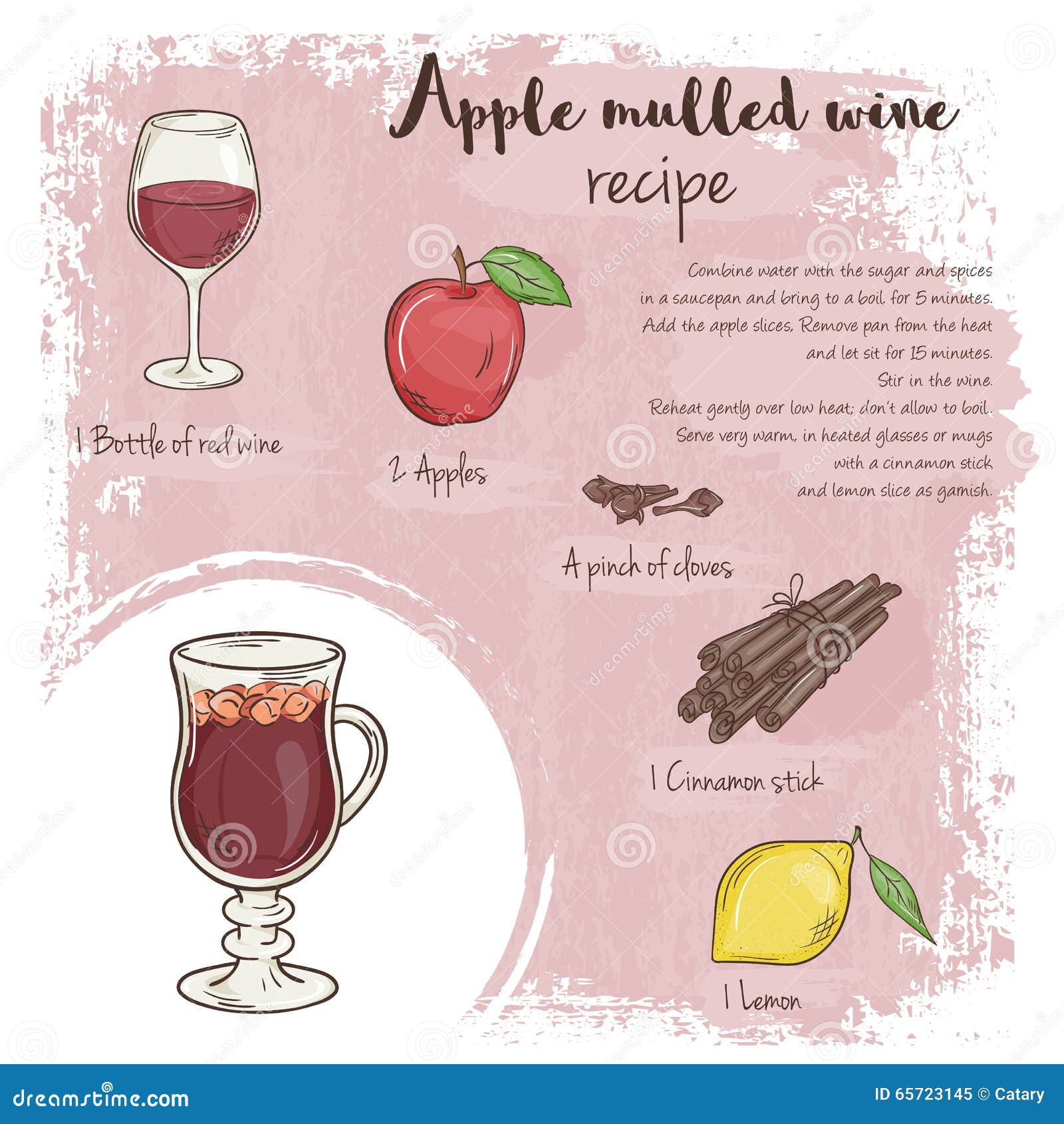 Vector Hand Drawn Illustration of Mulled Apple Wine Recipe with List of