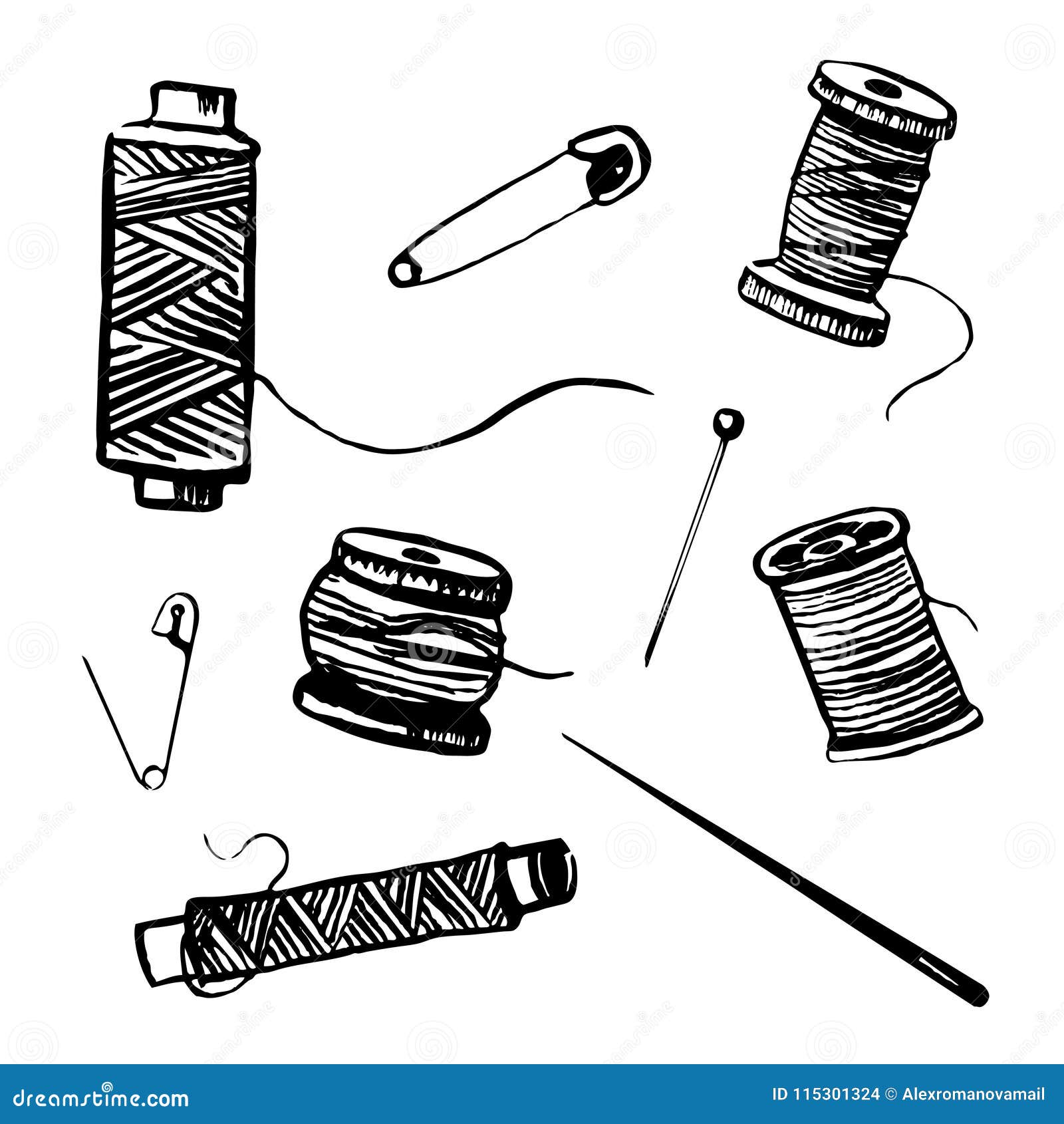 Vector Hand Drawn Outline Ink Set of Spool of Threads and Needles Stock ...