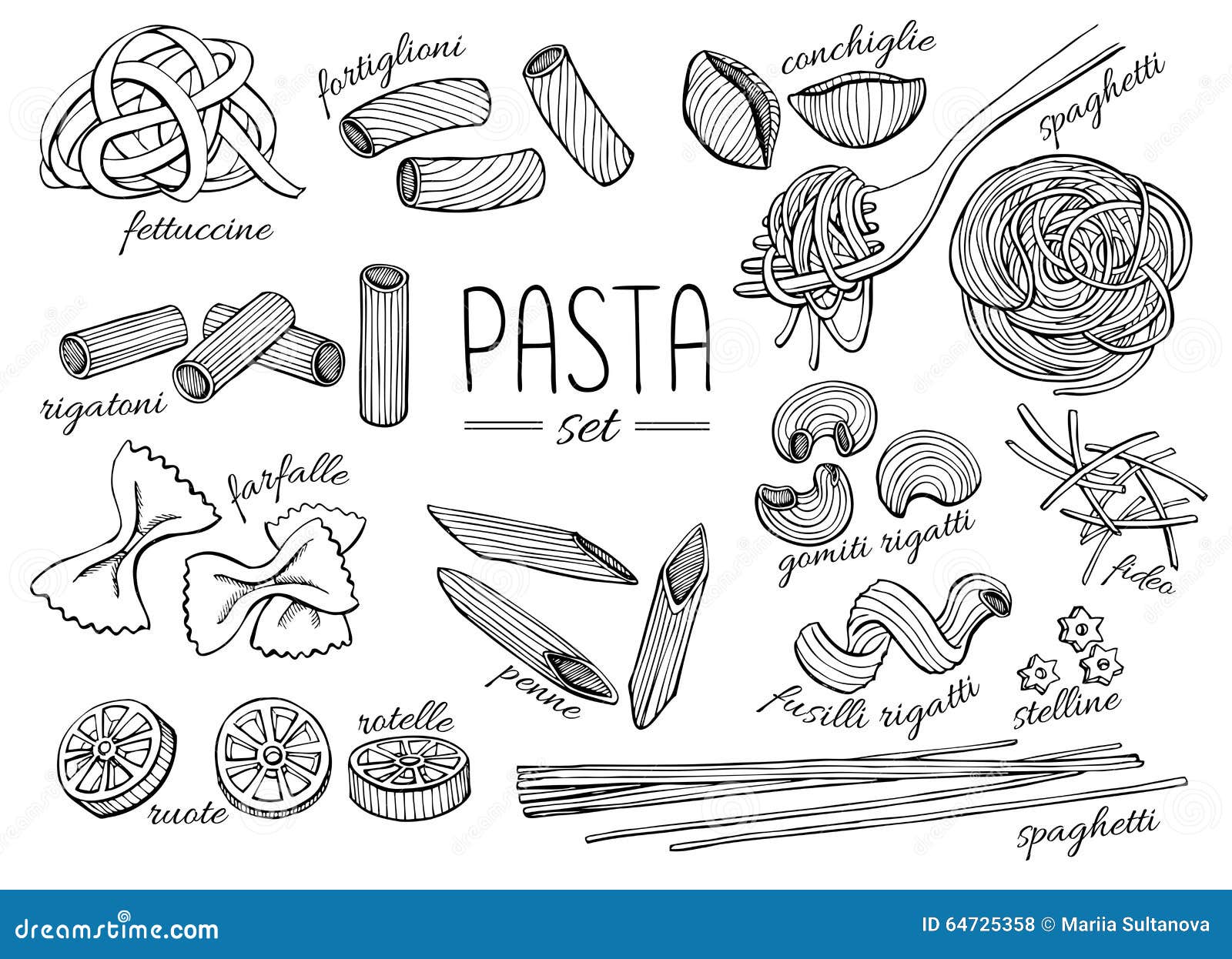 Vector Hand Drawn Pasta Set. Vintage Line Art Illustration Stock Vector