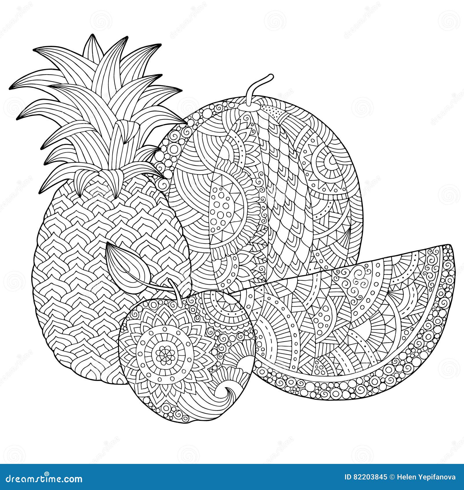 stock illustration vector hand drawn pineapple watermelon apple illustration adult coloring book freehand sketch adult anti image