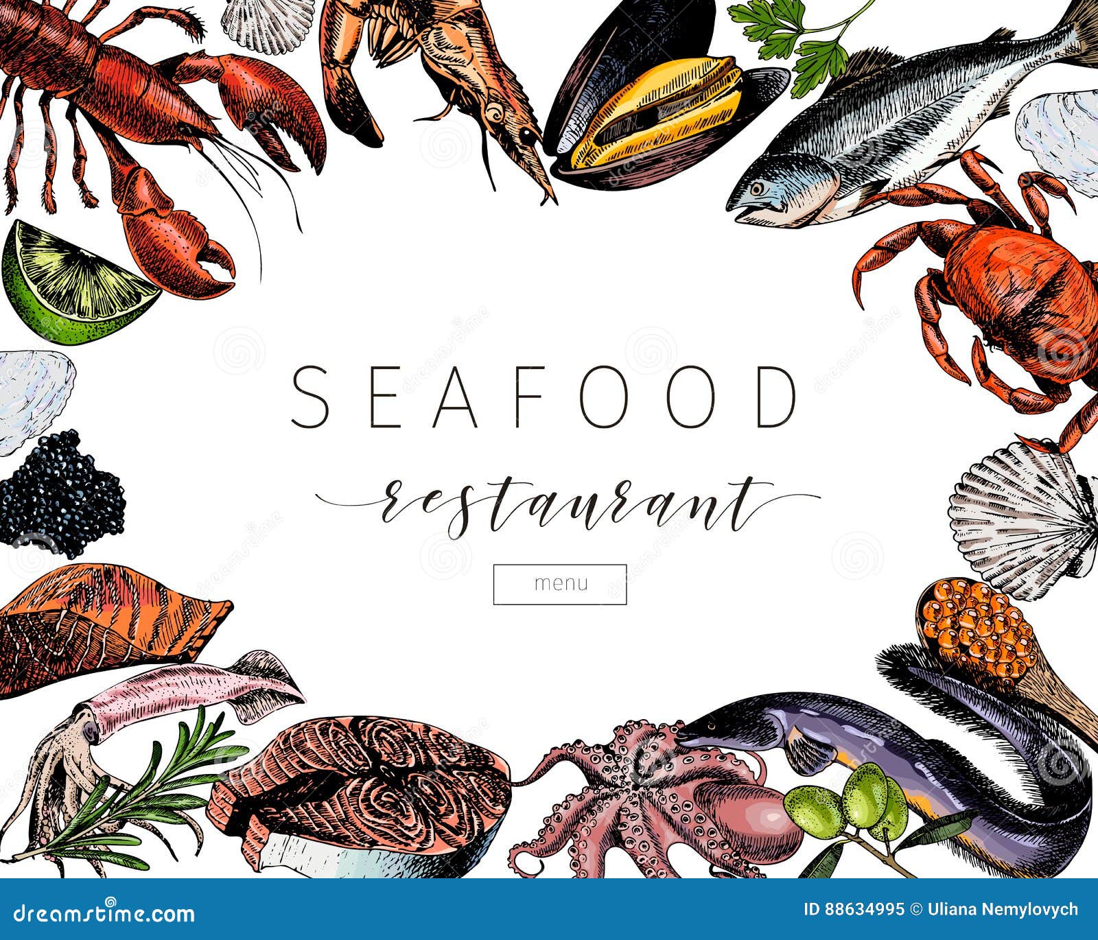 Vector Hand Drawn Seafood Banner colored Lobster Salmon 