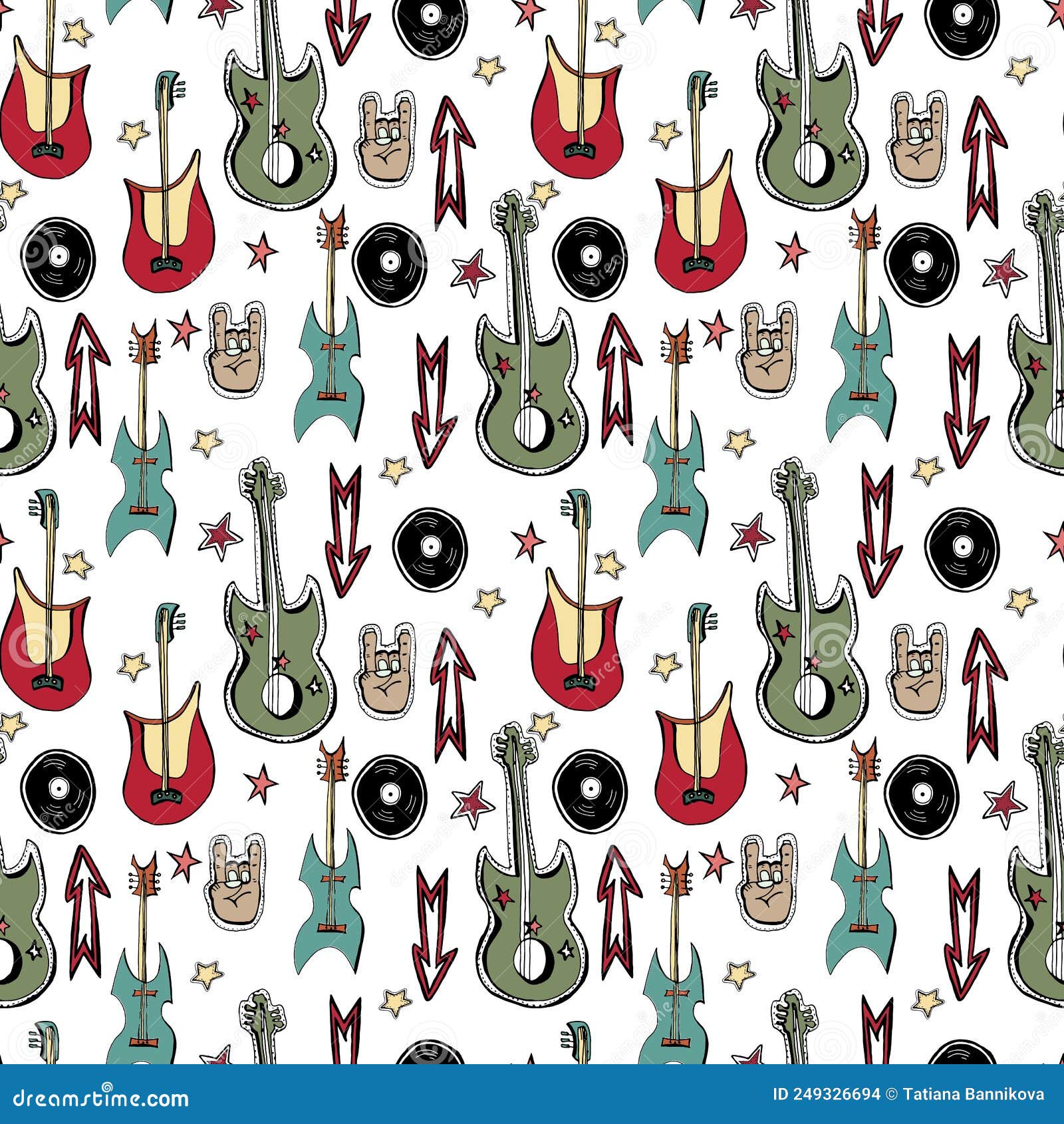  hand drawn seamless pattern. punk rock attributes, skulls, stars, vinyls, guitars, zombie