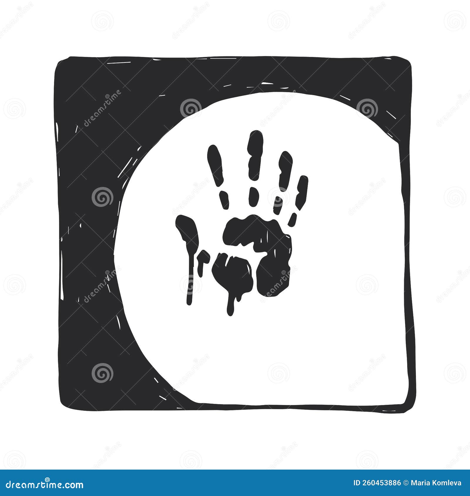 Vector Hand-drawn Sketch with a Bloody Handprint on the Wall in a