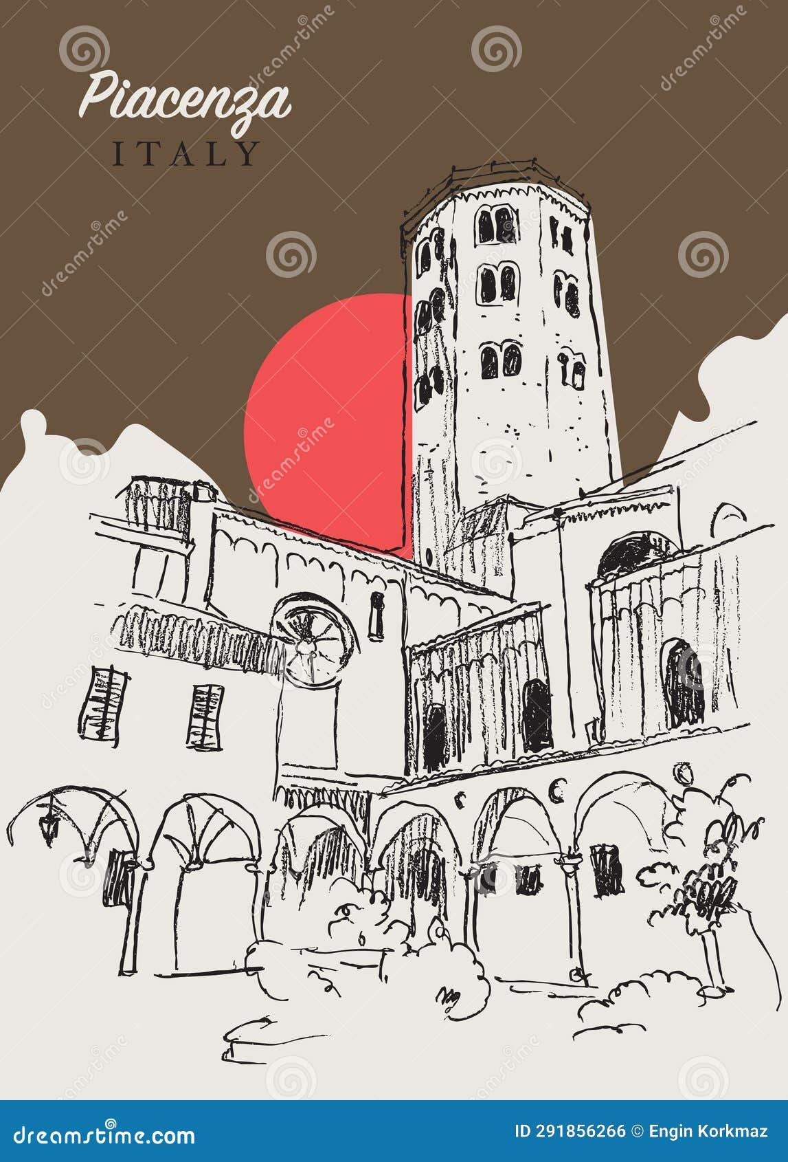 drawing sketch  of sant'antonio church in piacenza, italy