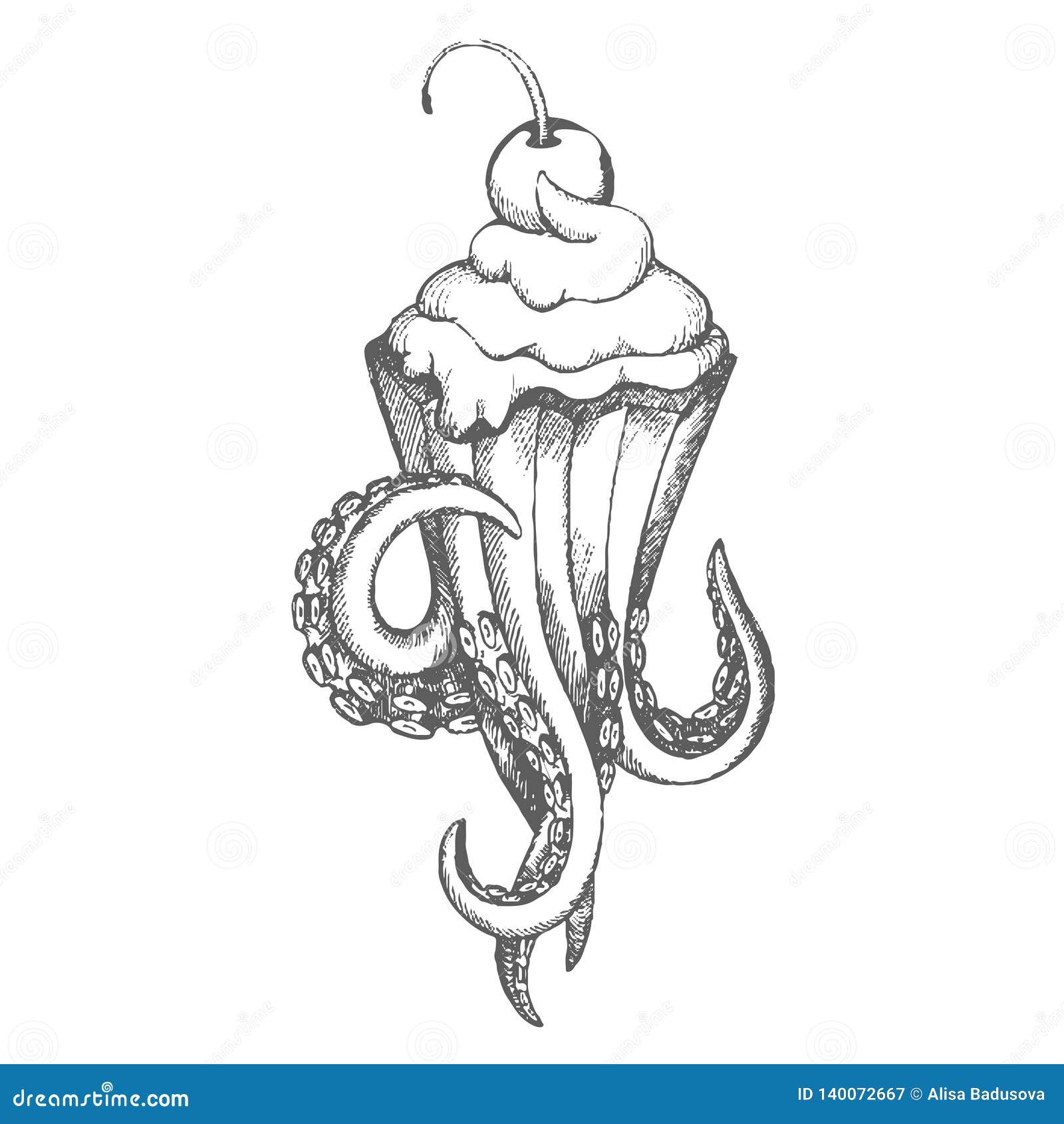 Vector Hand Drawn Sketch of Octopus Ice Cream Illustration on White Background Stock Vector
