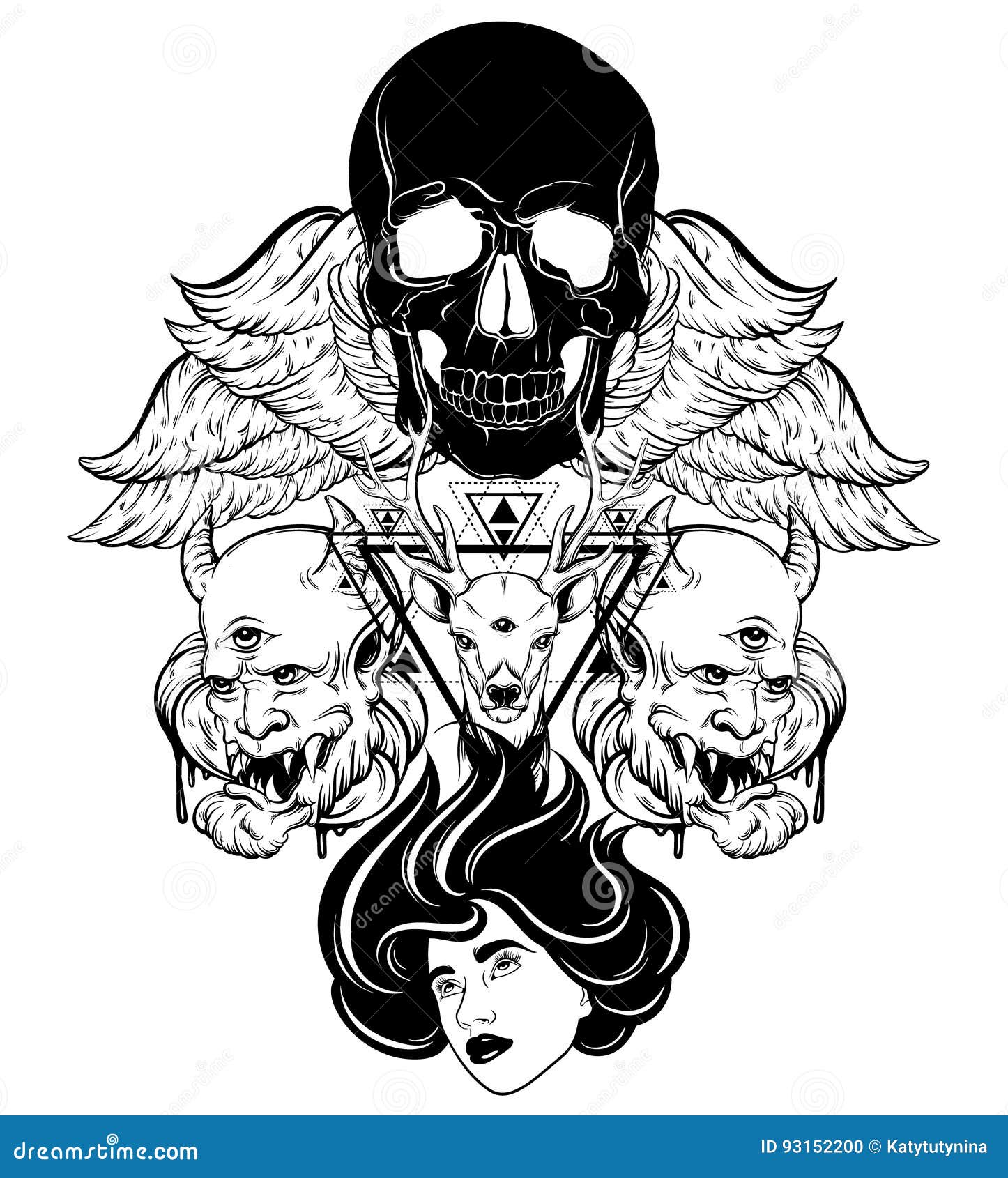 Vector Hand Drawn Surreal Illustration of Human Skull, Woman Face ...