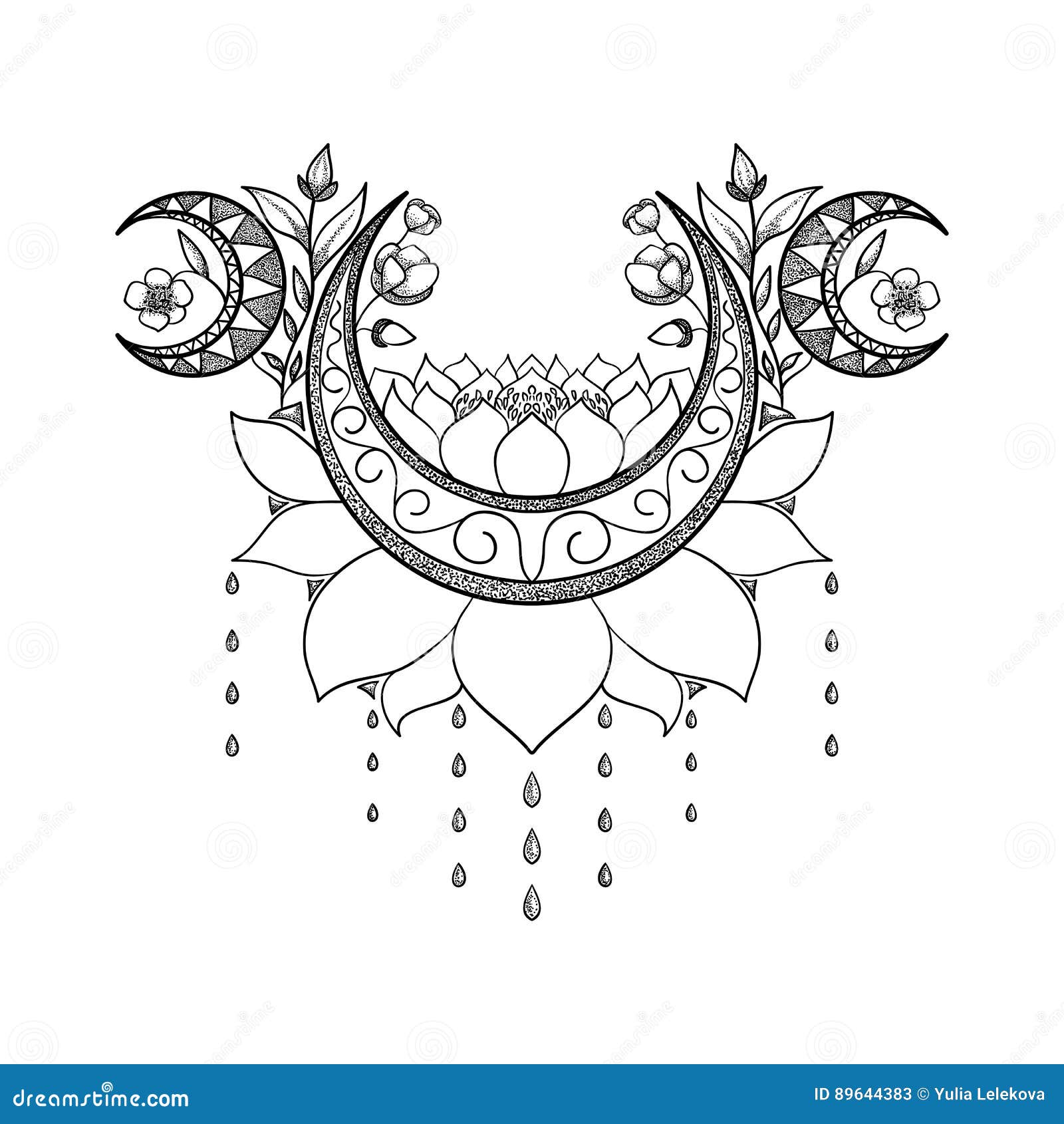 Vector Hand Drawn Tattoo Design. Crescent Moon, Lotus and Flowers Composition Stock Vector - Illustration of black, ornament: 89644383