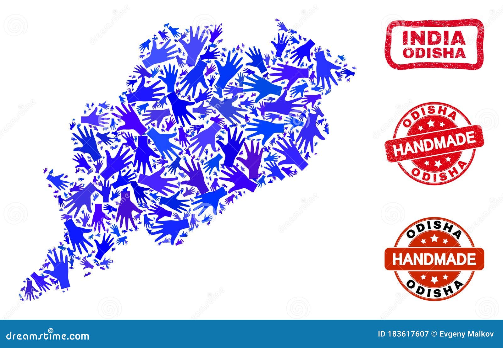 Hand Collage of Odisha State Map and Distress Handmade Seals Stock