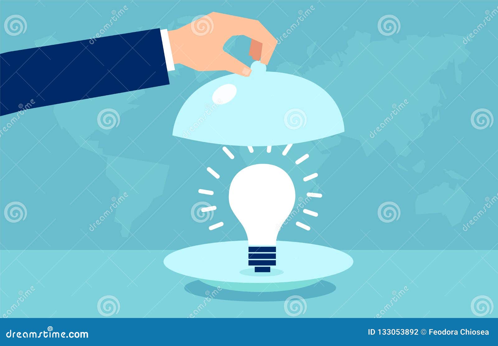 Vector of Hands Holding Silver Platter Cloche with Light Bulb Stock