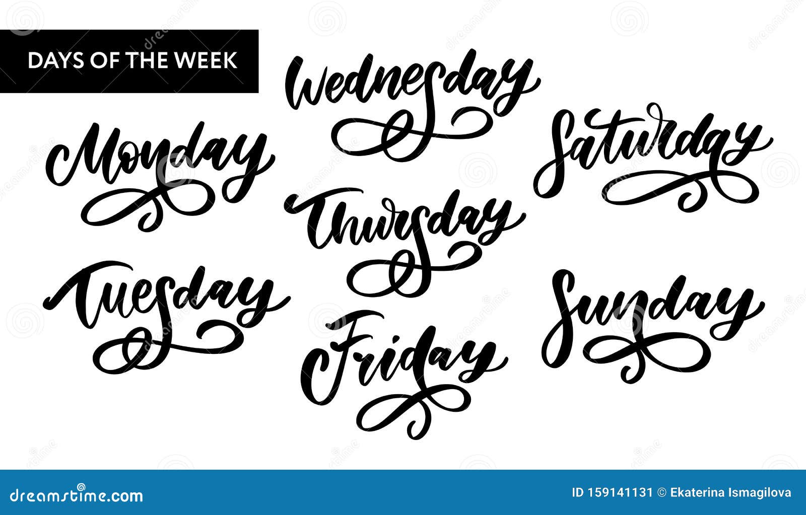 Vetor de Handwritten days of the week monday, tuesday, wednesday, thursday,  friday, saturday, sunday calligraphy.Lettering typography. do Stock