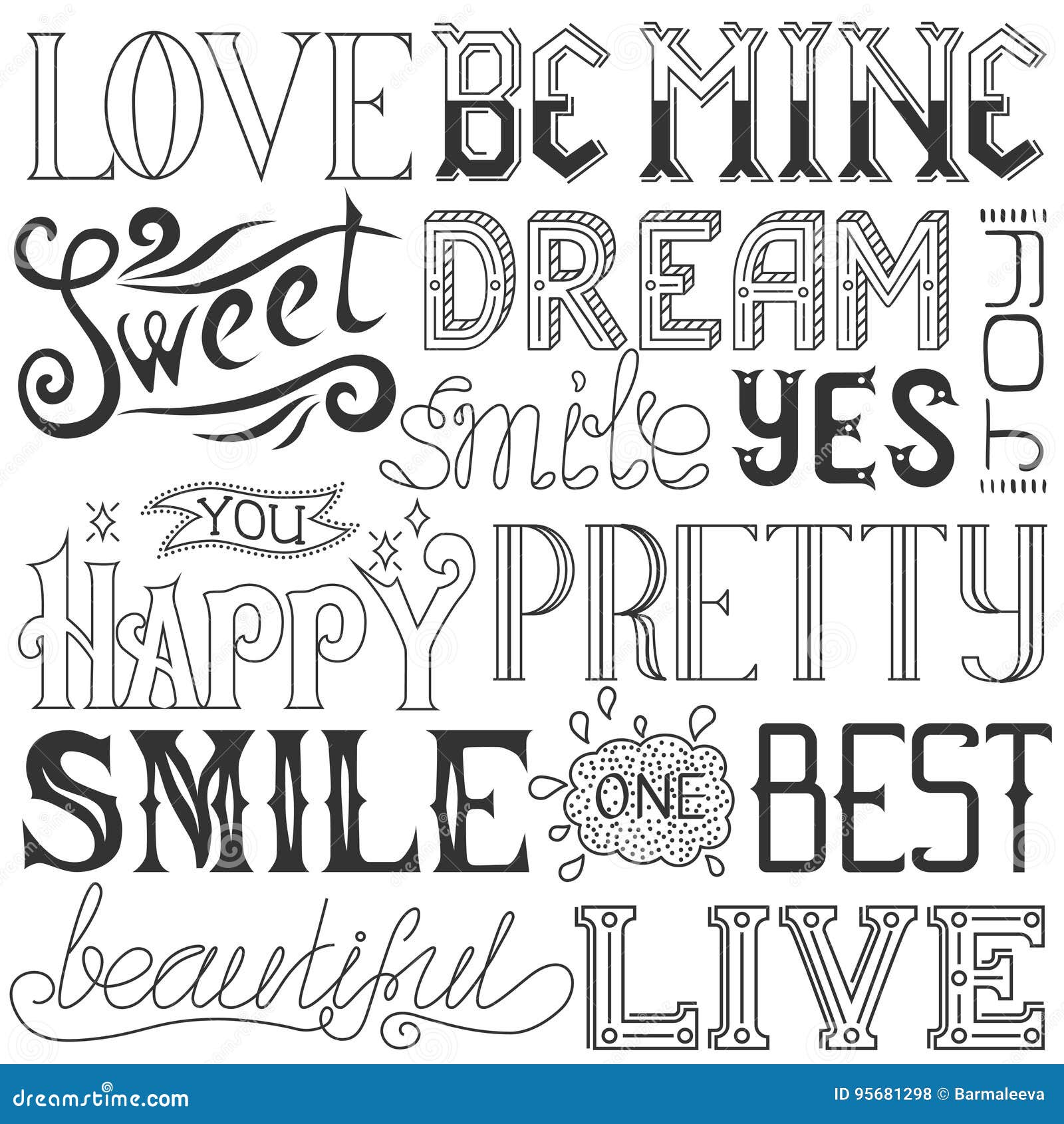 Vector Handwritten Words and Phrases. Words with Decorative Elements