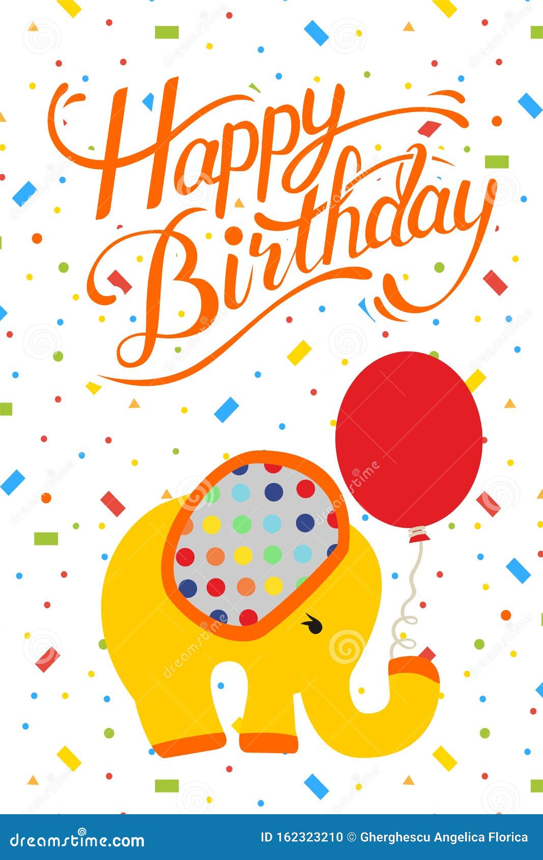 Vector Happy Birthday Card with Balloons Confetti and Cute Elephant ...