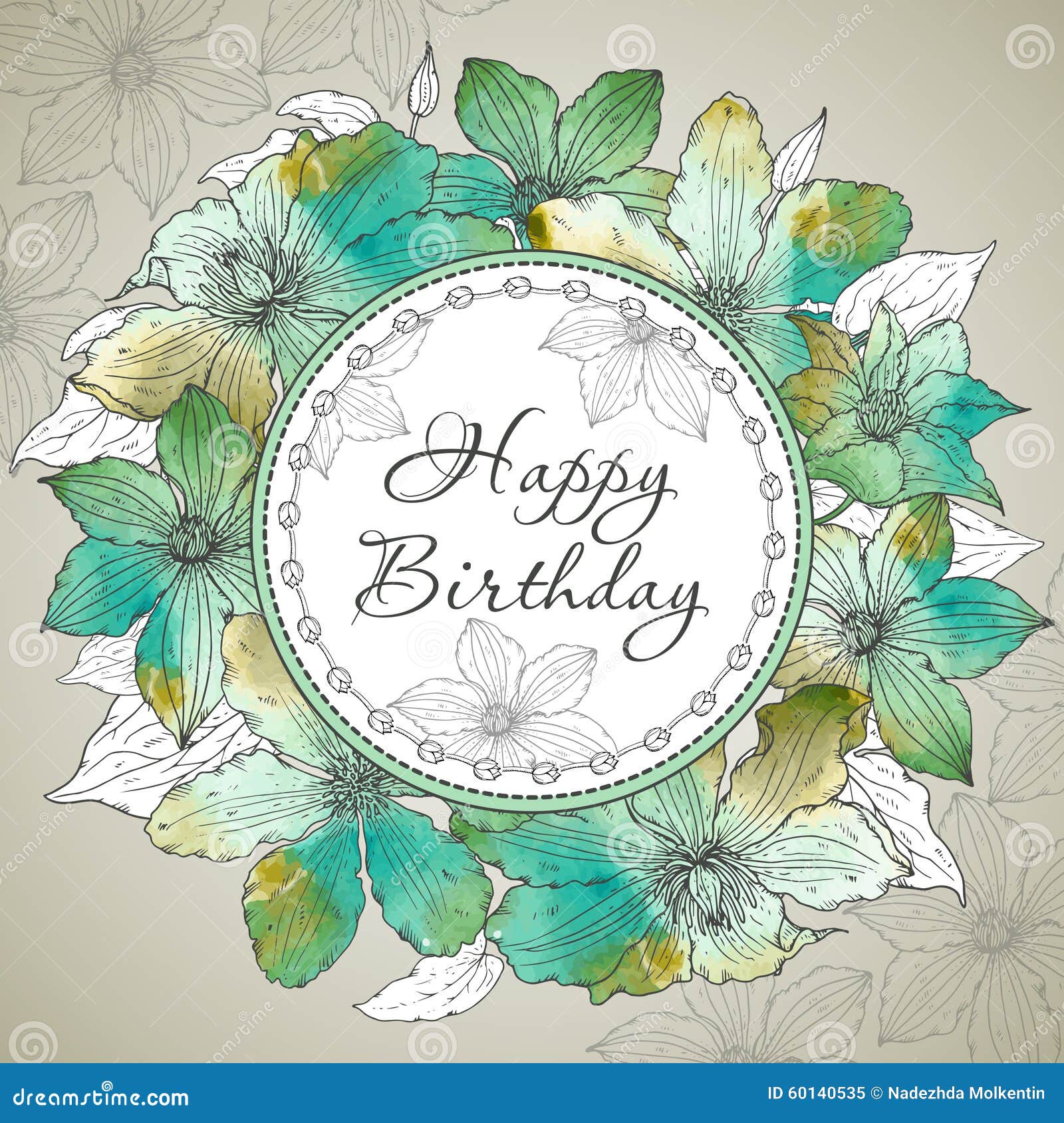 Vector Happy Birthday Greeting Card with Beautiful Clematis Flow ...