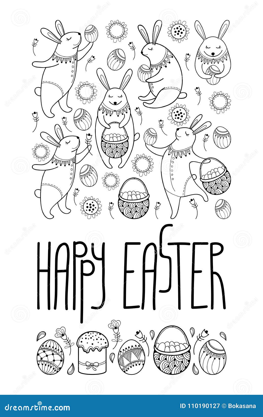 Vector Happy Easter Card With Outline Rabbit And Easter ...