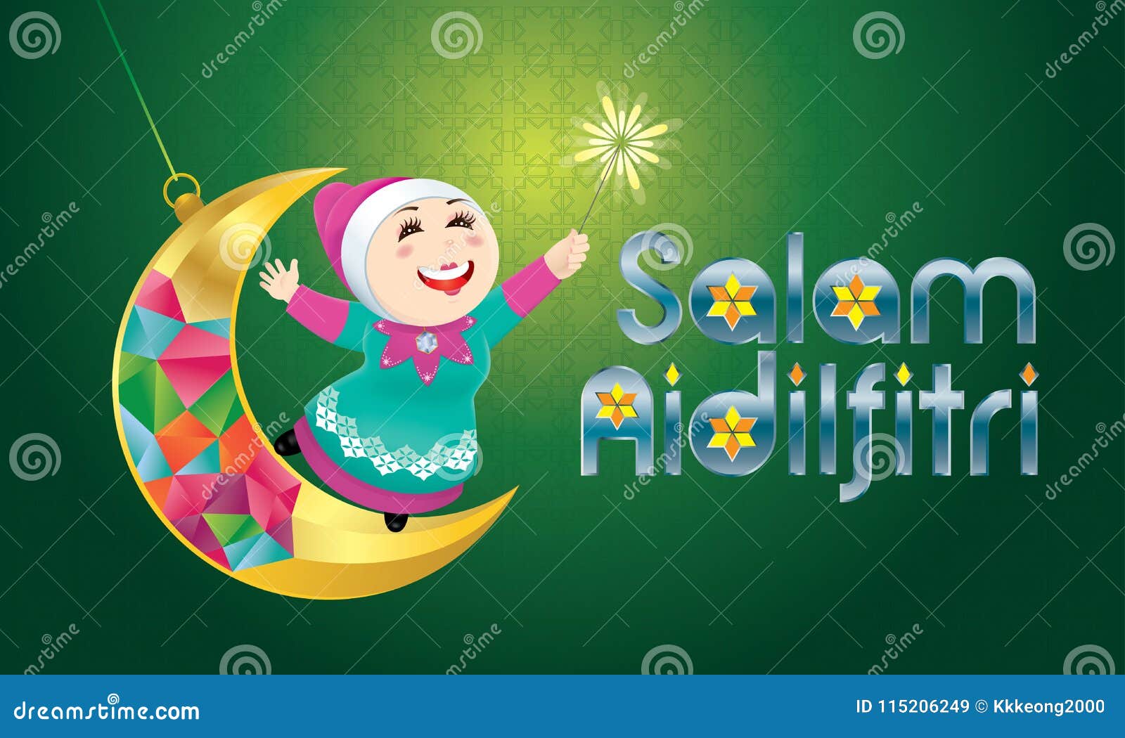 A Muslim girl playing fireworks on a swinging moon, with Malay pattern background. Vector for Hari Raya Puasa or Aidilfitri. The words `Salam Aidilfitri` means happy Hari Raya.