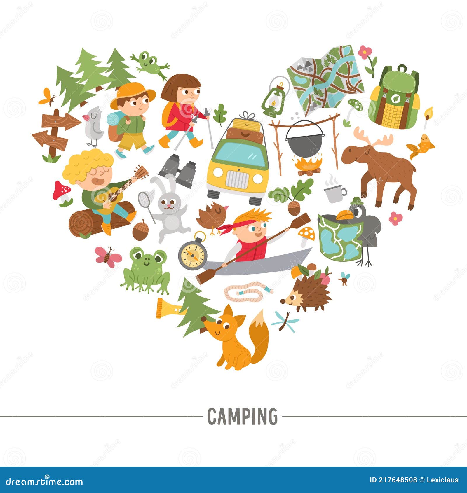 Vector Heart Shaped Frame with Cute Comic Forest Animals, Elements and Children Doing Summer Camp Activities. Card Template Design Stock Vector - Illustration of kayaking, family: 217648508 Vector Heart Shaped Frame with Cute Comic Forest Animals, Elements and Children Doing Summer Camp Activities. Card Template Design Stock Vector - Illustration of kayaking, family: 217648508