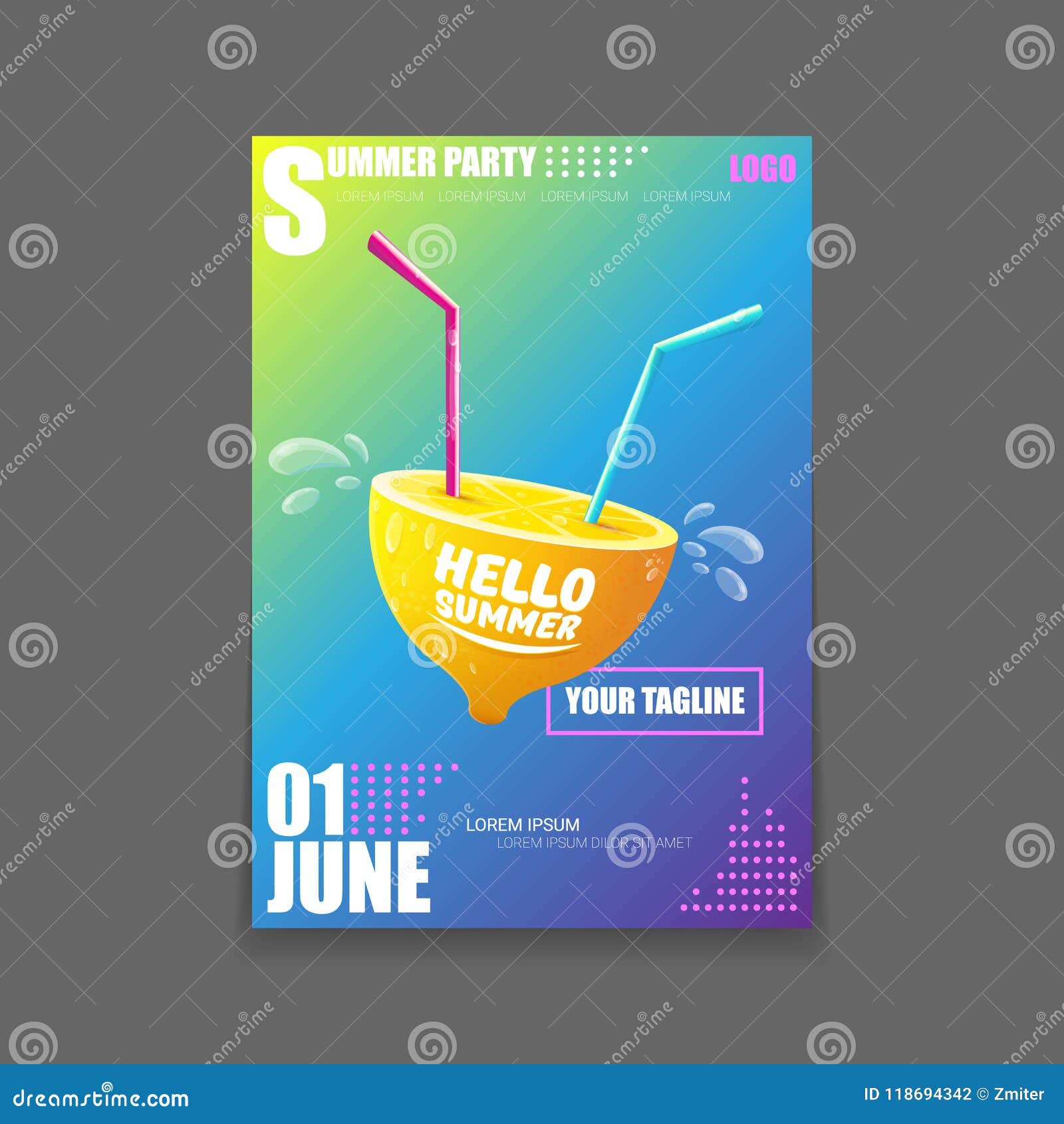 Download Vector Hello Summer Beach Party Vertical A4 Poster Design Template Or Mock Up With Fresh Lemon ...