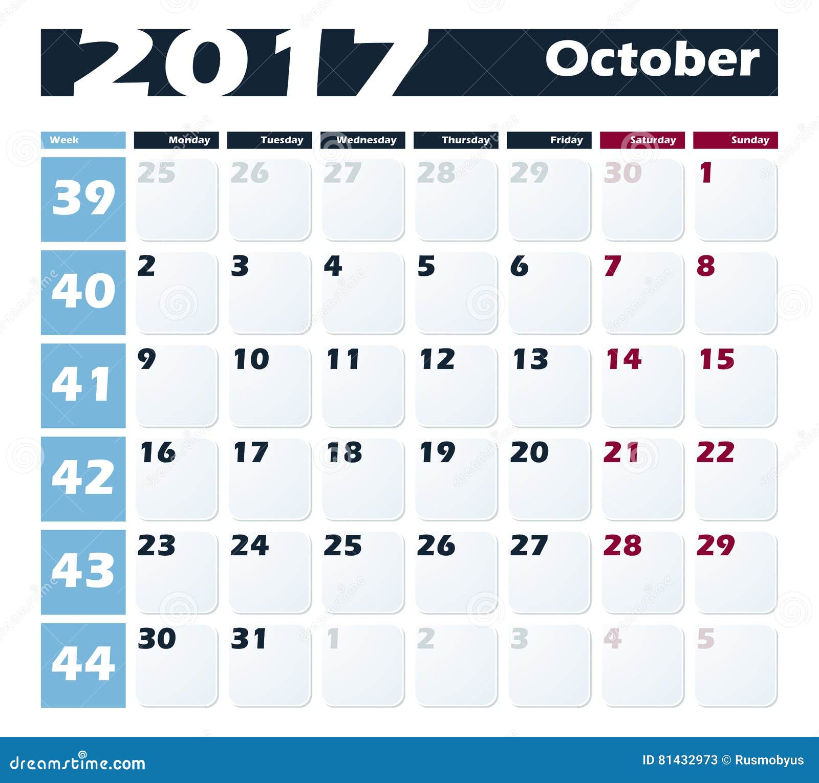 Vector Het Ontwerpmalplaatje Kalender 2017 Oktober Het Begin De Week Met Maandag Europese Versie Vector Illustratie - Illustration of zaken, kalander: 81432973