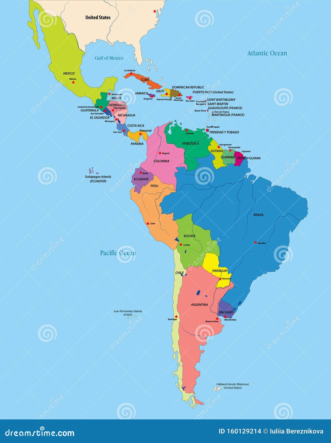 Vector Political Map Of Latin America Stock Vector Illustration Of