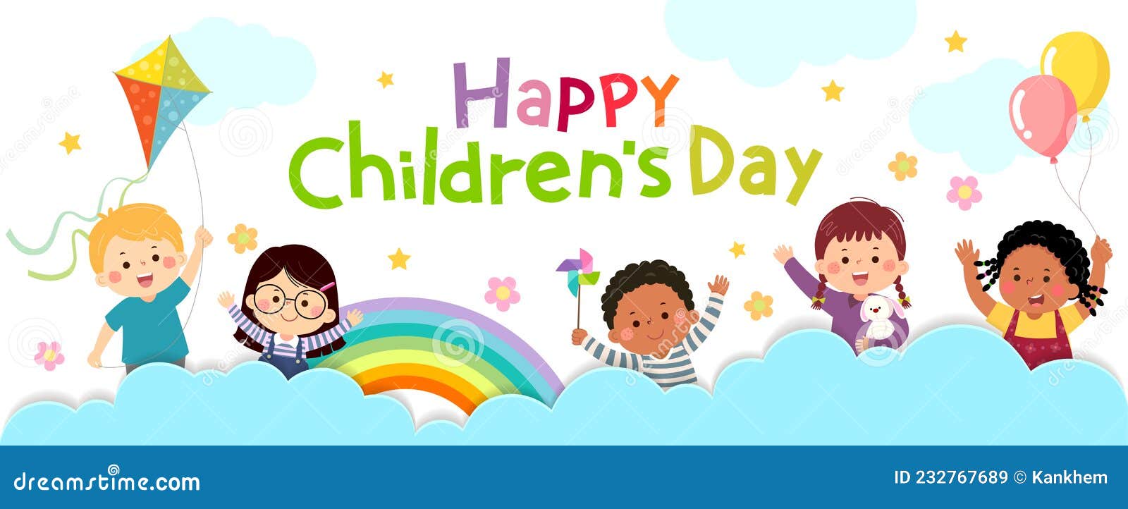 Vector Horizontal Banners World Children’s Day with Happy Kids Stock ...