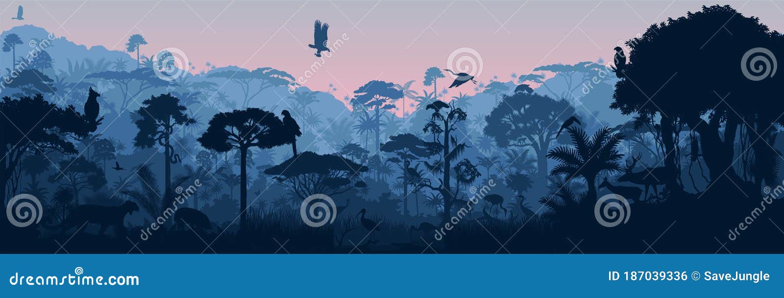  horizontal tropical rainforest jungle background with animals