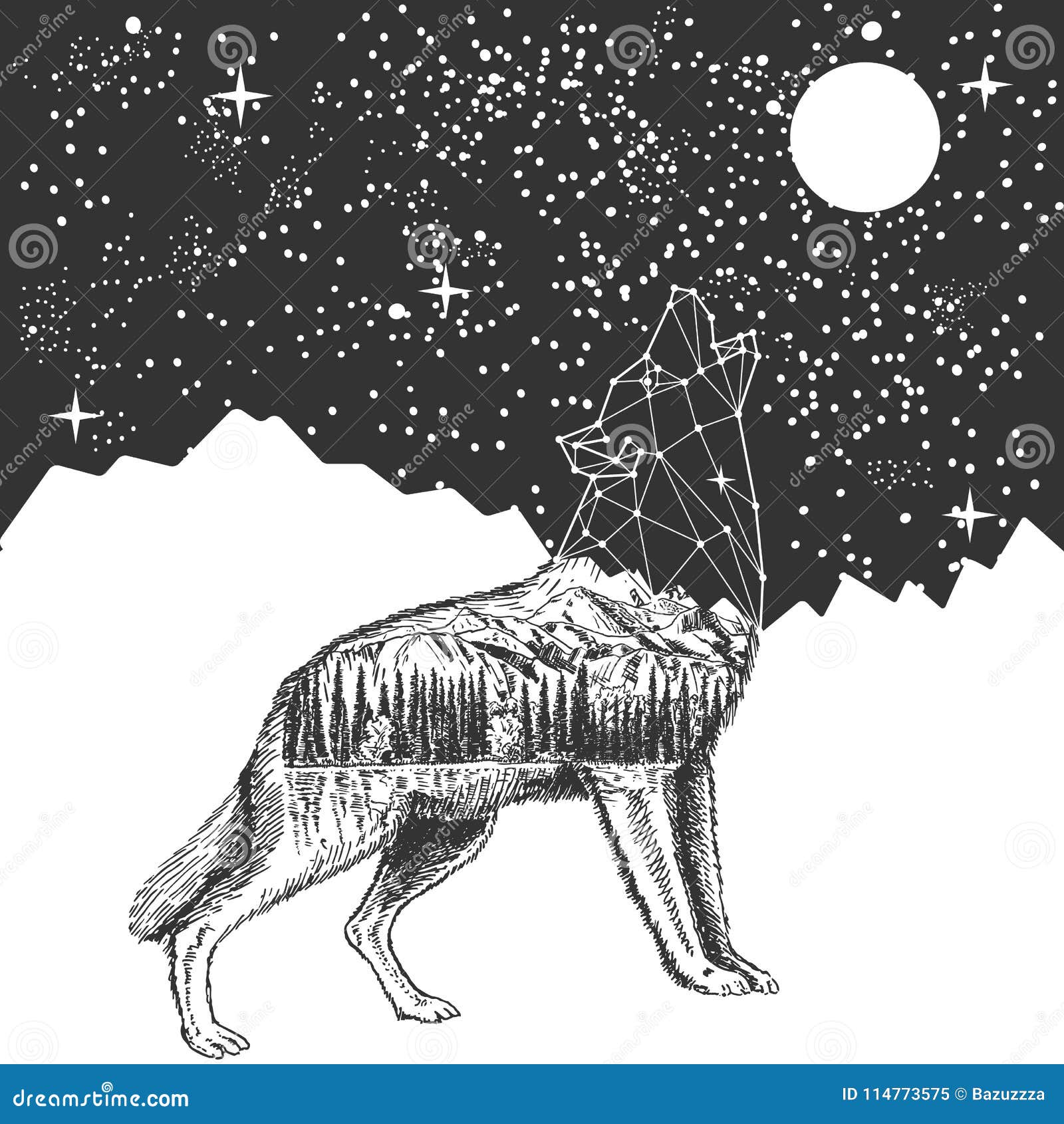 vector howling wolf night sky tattoo t shirt print design animal polygonal head nature combined moonlit 114773575