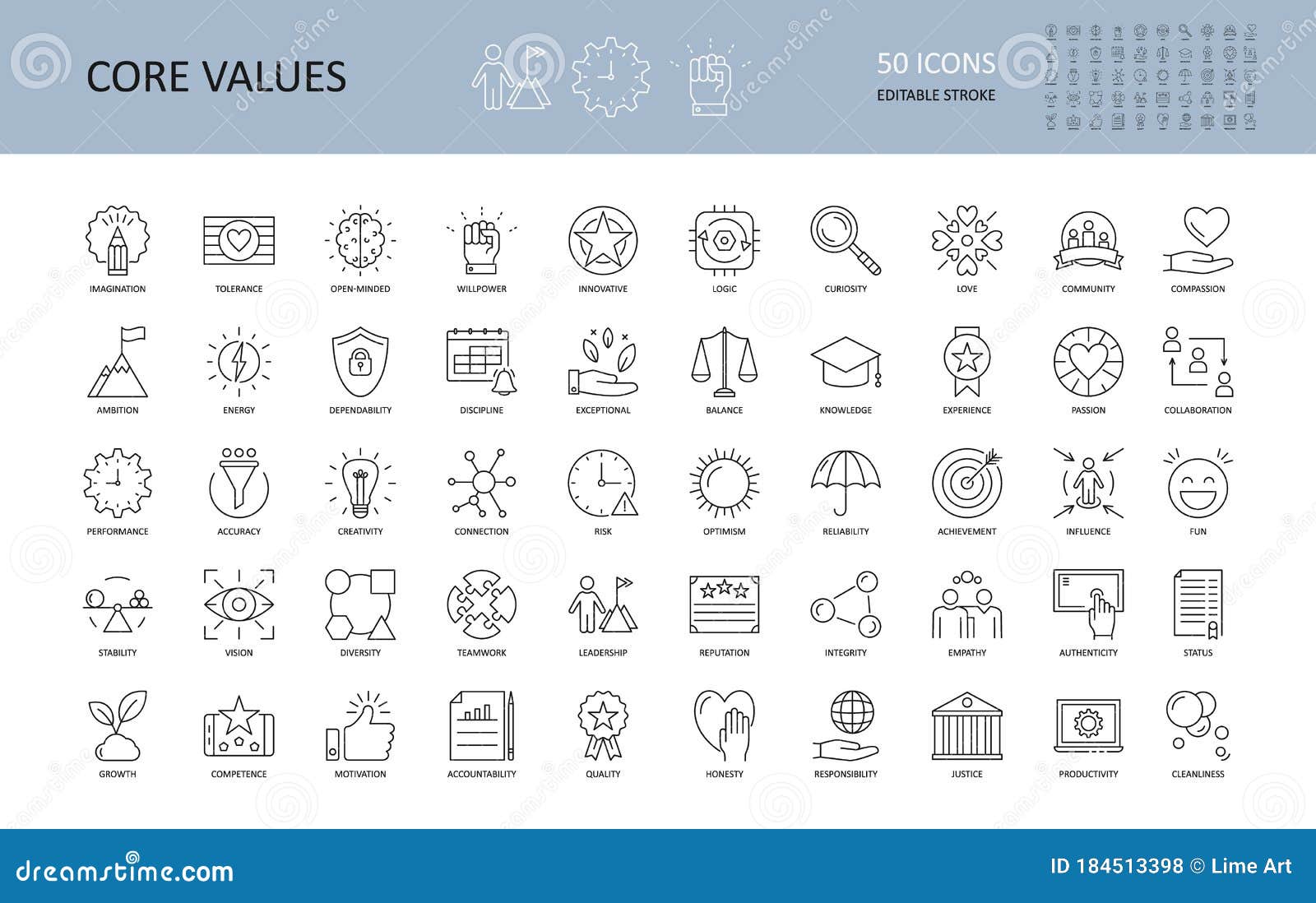  icon core values. set 50 icons with editable stroke. values of business company and person. the logic of imagination