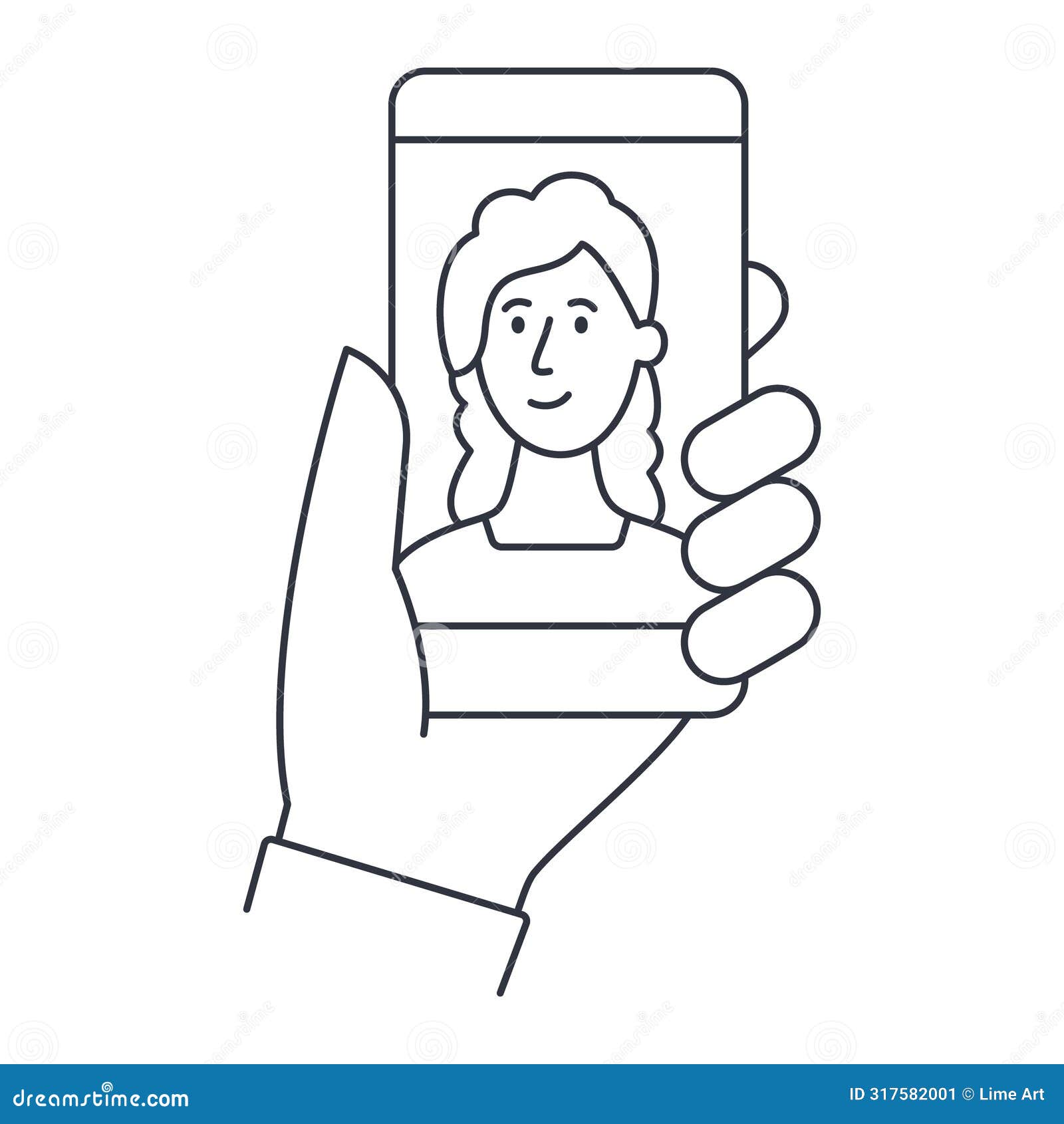  icon hand holding smartphone with young woman. selfie video call blogger. conference online course, conversation with